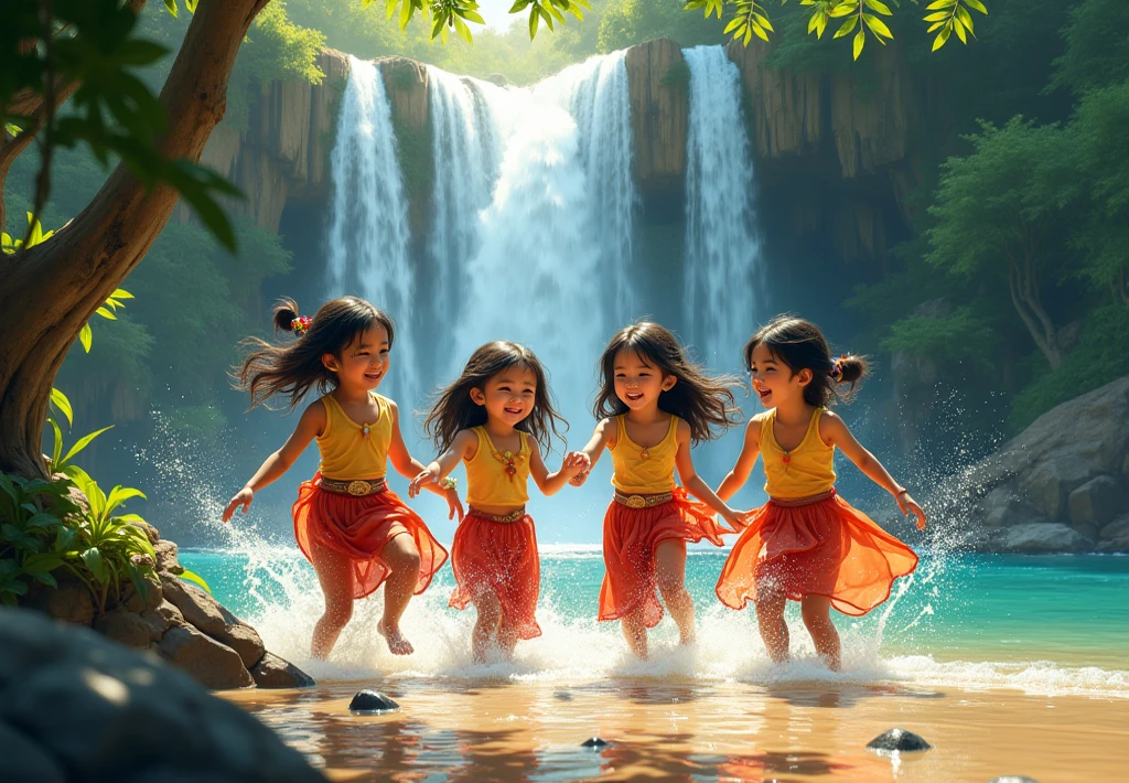 
Illustrate .Scene 1: The Rain DanceSetting: A lush, green Indian village in the hills, surrounded by trees and small houses. The sky is dark with rain clouds, and rain is pouring down, creating puddles everywhere.Characters: A group of children, including Meena, are dancing joyfully in the rain. Meena is a young girl with long black hair tied in a ponytail. She’s wearing a colorful dress that is slightly wet from the rain.Details: The children are jumping in puddles, spinning around, and holding hands as they dance. They are all smiling and laughing, showing the happiness of playing in the rain. Some have their arms outstretched to feel the raindrops. Water splashes up from the puddles around their feet. The top view should be from distance 
 Anime  cartoon digital illustration