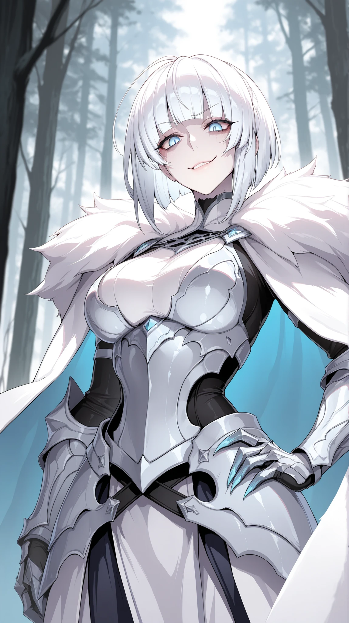 absurdres, (((Ultra HD))), (((Ultra High Quality))), ((hyper detailed)), ((Ultra High Resolution)), (Highly rendered), ((detailed eyes)), (((8K))), ((perfect face)), ((masterpiece)), cinematic, solo, 1girl, tall, smirk, thin, white hair, blue eyes, blunt bangs, bob cut, medium breasts, small fur cloak, armored dress, clawed gauntlets, armored skirt, hip armor, forest background