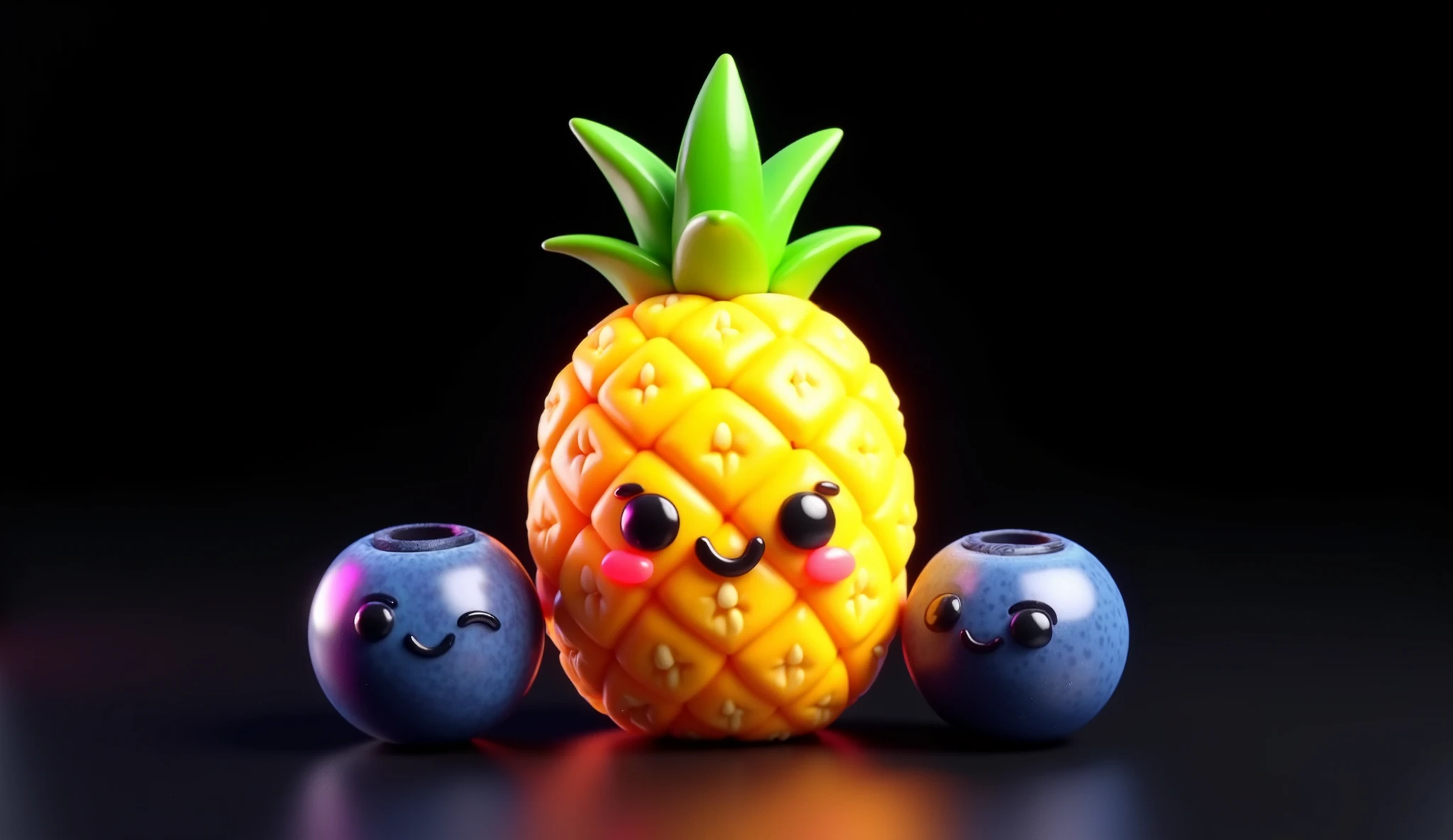 "A cute cartoon pineapple and two smiling blueberries, glossy and shiny surface, colorful and vibrant, black background, cinematic lighting, 3D rendering style, dramatic shadows and highlights, Pixar style, adorable faces, kawaii style, glowing edges, ultra HD, rendered in Flux style"