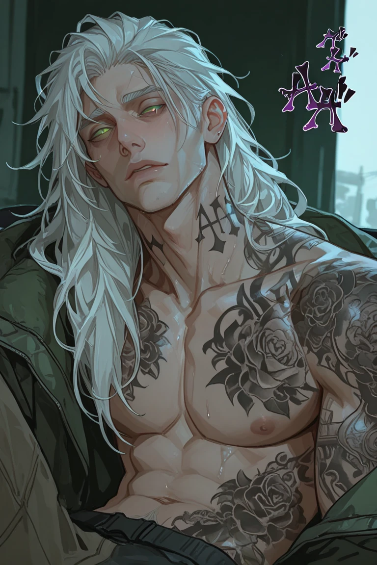 Hifh detail boy, with cancer zodiac sign tattoo, slim body with abbs, with a loose top, long silver hair with skyblue neon streaks , eyeballs blue eyes,  straight up serious pose, big sized white jogging pants, cool open jacket, small body, stretching, happy face with fangs, under water background