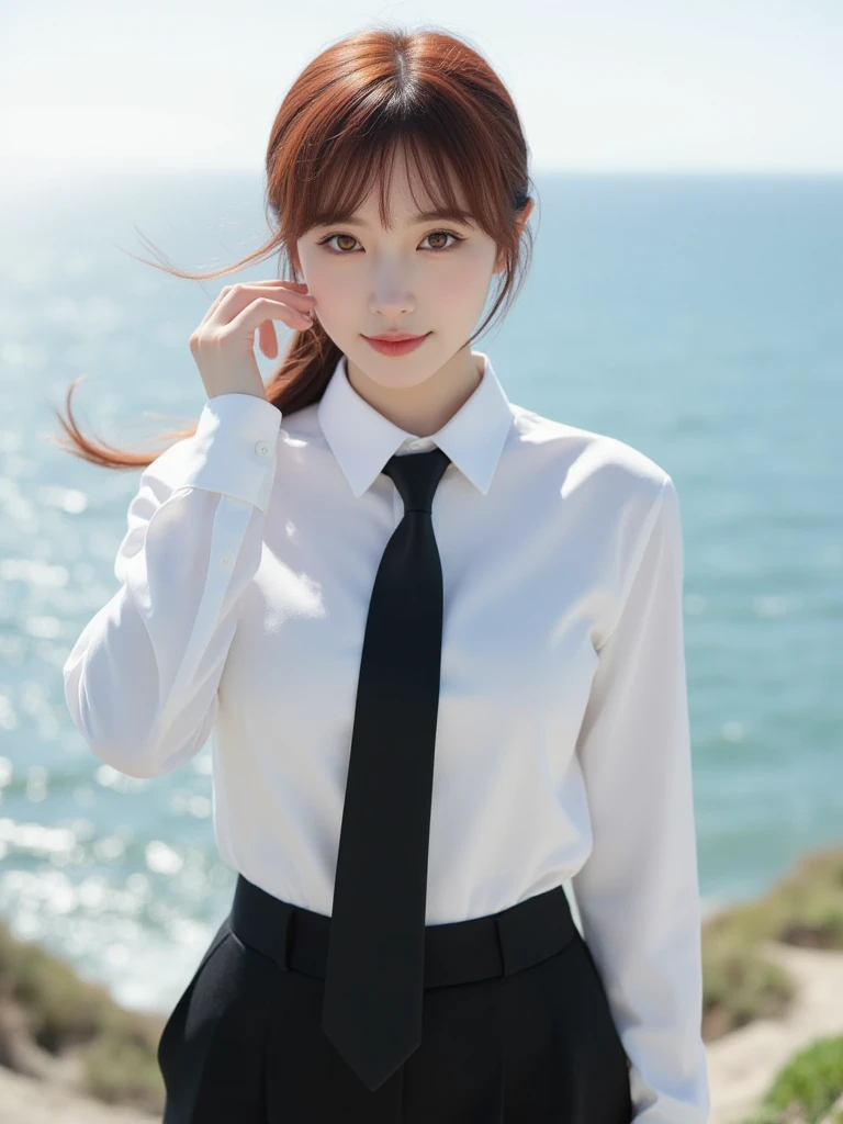 (Best Quality, High resolution, masutepiece :1.3), Pretty women,
Against the background of orangey sunset sky、Clouds and sun sink into the ocean, Sitting in the uniform of the Air Self-Defense Force. Her hair is light brown, And it's medium bob style. She wears a white blouse and pleated skirt as part of her uniform. She sits with her legs apart, And her gaze is directed to the camera. Create this scene from a low angle shot.