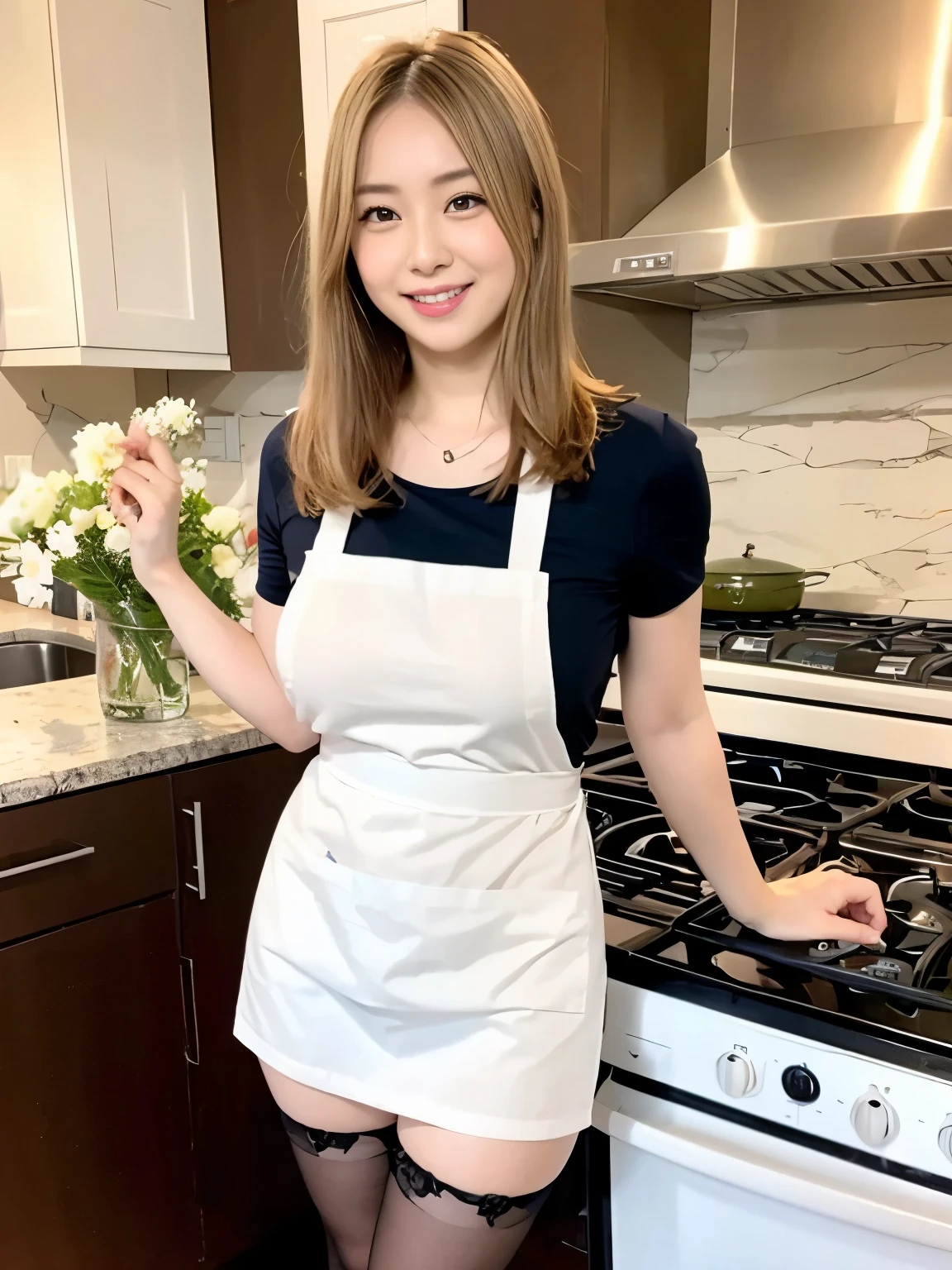 beautiful脚, stockings, ultra details, masterpiece, Highest Quality, beautiful, details, solos, charming smile, sexy lips , One Girl, brown eyes, Silver Hair, sexy pose, big , low hair ring, open legs, Stand on your side and cook, Housewife, apron, kitchen, surrounded by flowers