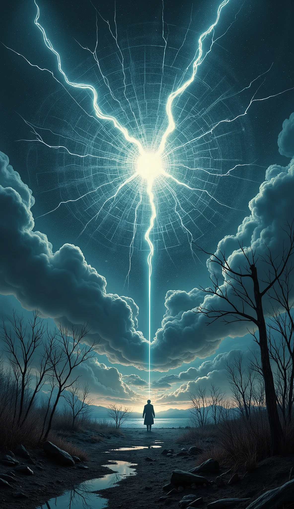 a sky separated by glass cracks in the middle, the crack is showing ominous color and glow of another dimension
