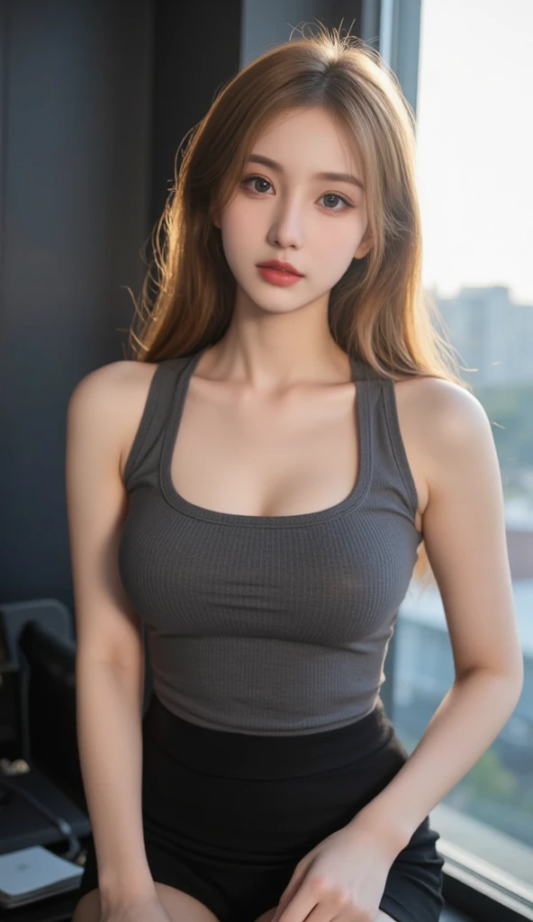 Realistic, One girl, Gray Hair, Glowing Eyes, Crop top, skirt, Part your lips, blush, whole body
