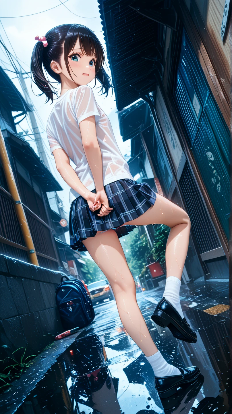 ((masterpiece)),(((Highest quality))),Thin thighs,Long legs,An 18-year-old high school girl standing on the school steps,White shirt,Blue and red plaid mini skirt:1.5,The best smile,Short-cut blonde:1.5，Wear black loafers，A pose from behind with legs spread and buttocks sticking out:1.5，