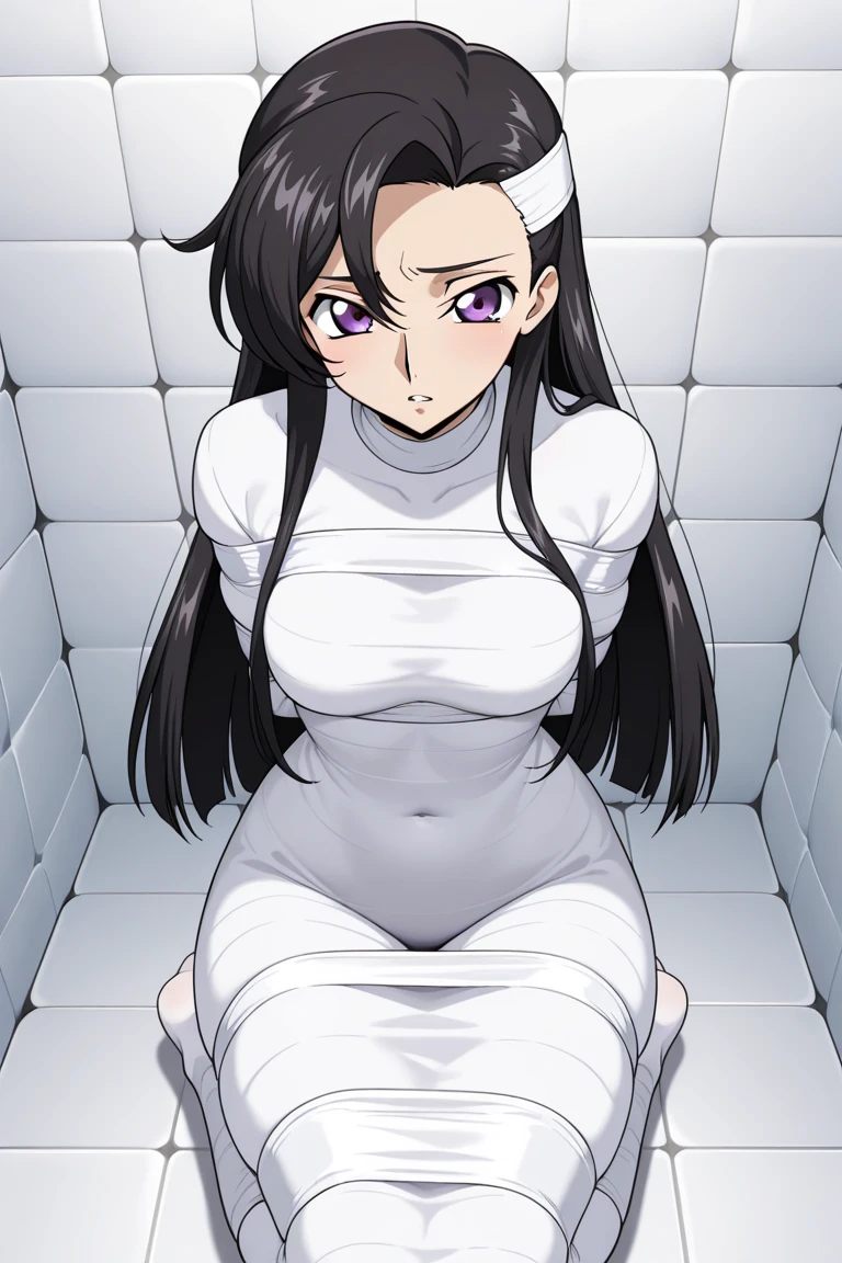 aurora,tall woman, long hair, purple hair, very long hair, purple eyes,(((((white Latexstraitjacket))))),in the white room without furintures,(plain white background),red ball gag,,gag,suprised,shock,looking down,tripinng on the floor,being pushed,falling down