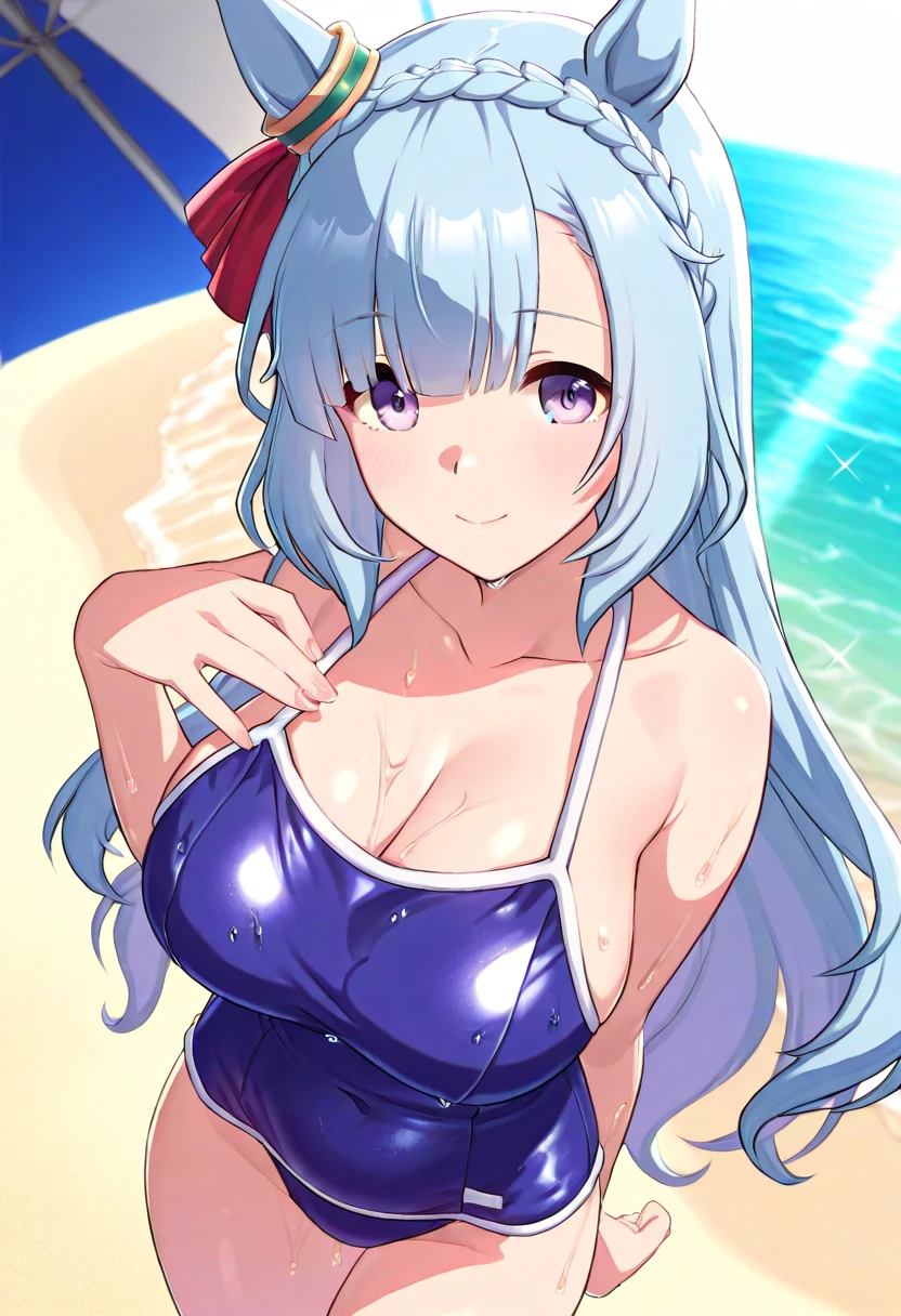 best aesthetic, 1girl, solo, long hair, breasts, looking at viewer, smile, bangs, very large breasts, really huge butt, big butt, swimsuit, cleavage, pink lipstick, kiss marks, outdoors, sky, day, bikini, cloud, tree, water, pedal, blue sky, purple bikini, pink pool float, beach ball, sunglasses, palm tree, beachball, beach umbrella, ocean waves, a beautiful young woman wearing a purple bikini and sunglasses, stepping on a pink beach ball. She is surrounded by tropical flowers and palm trees, and the scene is set against a backdrop of a bright blue sky with fluffy white clouds. The woman's pose is sexy and seductive as she has her beautiful feet stepping on a pink beach ball, enjoying the sunshine. The colorful flowers, pool float, and her bold purple bikini all contribute to the fun, summery vibe. The overall atmosphere is cheerful and lighthearted, capturing the essence of a perfect poolside day.