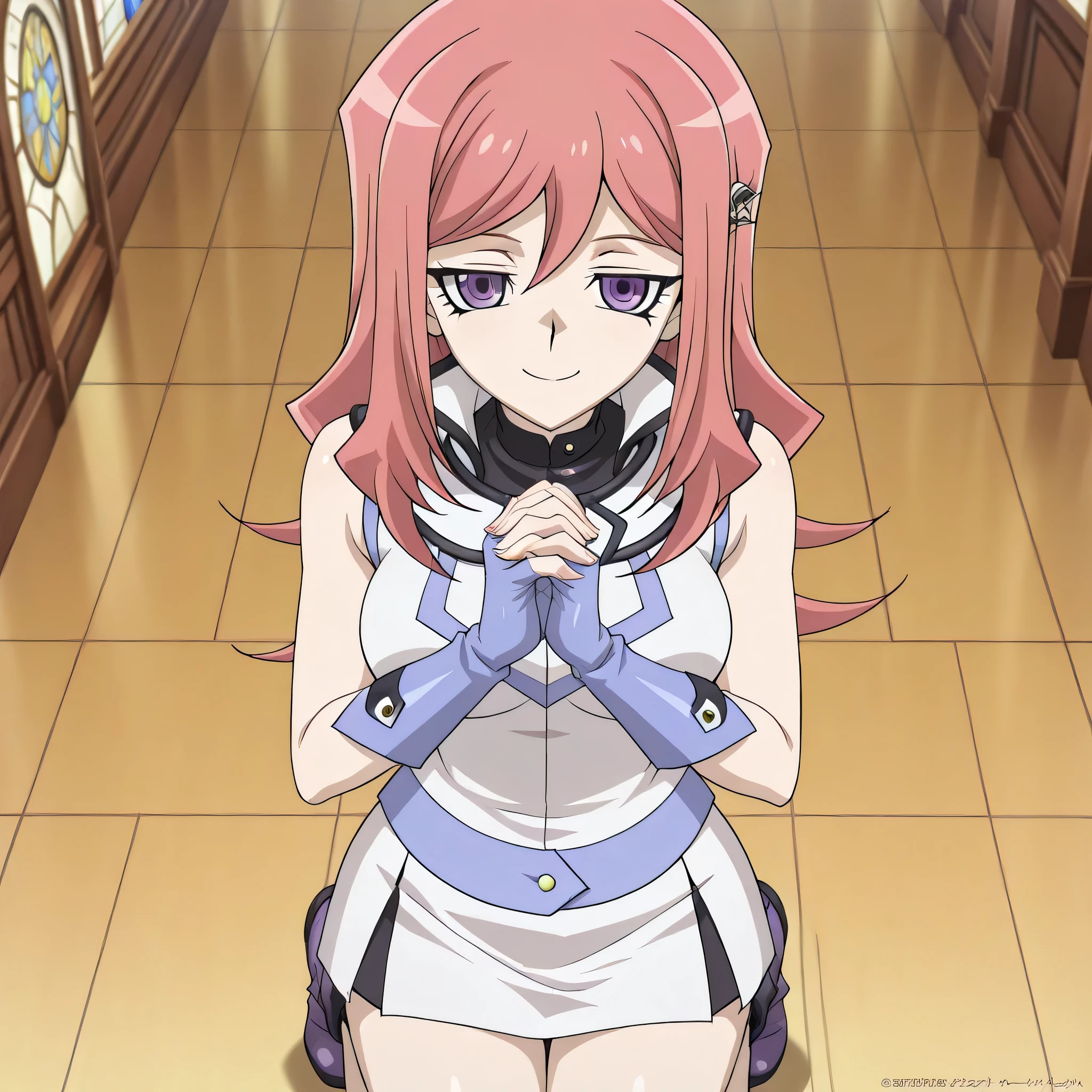 (((Masterpiece))), (((Best Quality))), ((Super Detail)), ultra-High resolution, score_9,score_8_up,score_7_up,score_6_up,score_5_up,score_4_up, BREAK, source_anime, anime screencap, uncensored, rating_explicit, Masterpiece, (absurdres), (detailed background), (very aesthetic), detailed beautiful eyes, outstanding, an exquisite animation illustration, curvy, highres, dark persona, Society of light, sleeveless, white shirt, white skirt, blue gloves, duel academy uniform (yu-gi-oh! gx), , (((solo, 1girl))), hair ornament, submissive pose,  pose, anime style, anime coloring, animification, megami magazine, medium , Kumi Okazaki (Cardfight Vanguard), long hair, pink hair, purple eyes, smile, happy, church, holy, kneeling, looking from above, view from above, from above, praying hand, praying, interlocked fingers,