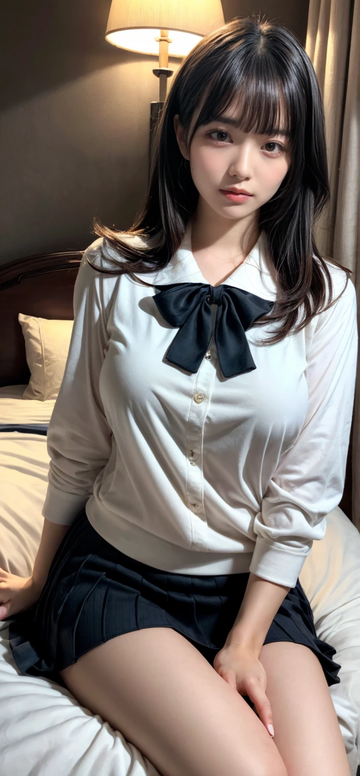 Masterpiece, highest quality, figure, Very detailed, Fine details, High resolution, 8k,wallpaper, Perfect dynamic composition,(Detailed high quality, Realistic depiction of eyes:1.3), (Collared knit shirt:1.1), Pleated skirt, Short Bob Hair、Black hair color, Big Natural Color Lip, Bold sexy pose, Crying a little、Cold Stare, Harajuku Style、Acrobatic pose, 20-year-old girl、Cute type、Lolita、Beautiful feet, Hotel Rooms, Idol Sculpture, Voluptuous thighs, Huge breasts