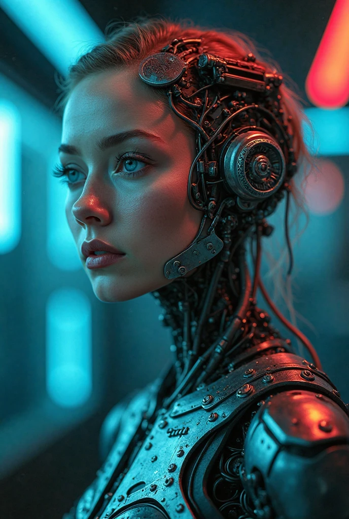 Top Quality, Masterpiece, Ultra High Resolution, ((Photorealistic: 1.4), Raw Photo, 1 cyberpunk Girl, Glossy Skin, 1 Mechanical Girl, (Ultra Realistic Details)), mechanical limbs, tubes connected to the mechanical parts, mechanical vertebrae attached to the spine, mechanical cervical attachment to the neck, wires and cables connecting to the head, evangelion, small glowing LED lamps, global lighting, deep shadows, Octane Rendering, 8K, Ultra Sharp, Metal, Intricate Ornament Details, baroque details, Very intricate details, realistic light, CGSoation trend, facing the camera, neon details, (dazzling Cyberpunk city streets in background), fish eye lens view.