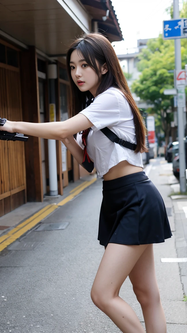 ((masterpiece, best_quality)), 1girl, (真实感:1.4), solo, white_background, black_hair, long_hair, zettai_ryouiki, skirt, ((full_body)),(((露出腰部马甲线))),(((黑丝袜)))，(((镂空胸罩)))，修长美腿,