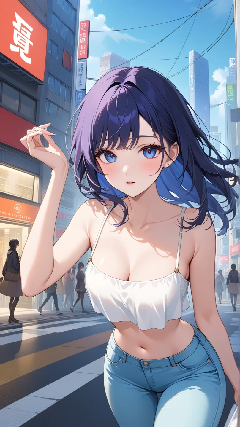 a close up of a woman with colorful hair and a necklace, anime girl with cosmic hair, rossdraws pastel vibrant, artwork in the style of guweiz, fantasy art style, colorful]”, vibrant fantasy style, rossdraws cartoon vibrant, cosmic and colorful, guweiz, colorfull digital fantasy art, stunning art style, beautiful anime style, exhibitionism,  navel, , public indecency, looking at viewer, 1girl, collarbone, flashing, , naked coat, outdoors, open coat, thighhighs, public nudity, open mouth, coat, short hair, medium breasts, black thighhighs, open clothes, black hair, solo, smile, , blush, sanpaku, long purple hair, blue eyes