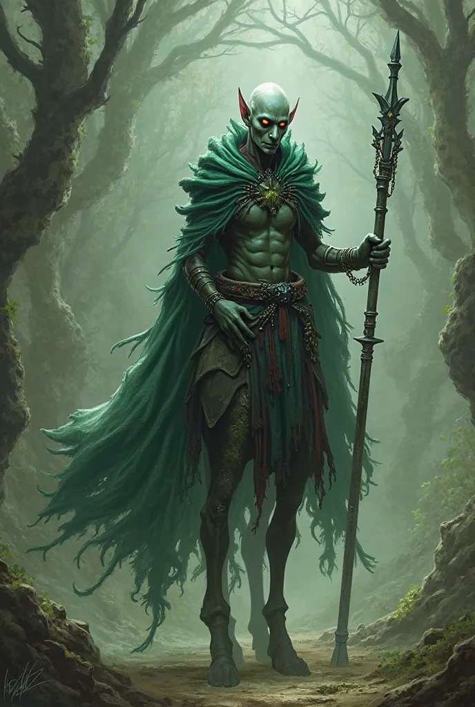 elf man, Large staff, ah high , gaunt, Stupid Face, Walking through the cave, torch, Fantasy, hiquality, tmasterpiece