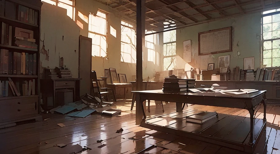 graphic novel illustration of a dilapidated building with graffiti on its walls, giving it a rundown appearance. Inside the building, there is a chair and a dining table, which seem to be the only furniture present. The room appears to be a combination of a living space and a dining area, with the chair positioned near the dining table. The overall atmosphere of the scene is one of abandonment and neglect., sketch, intricate
