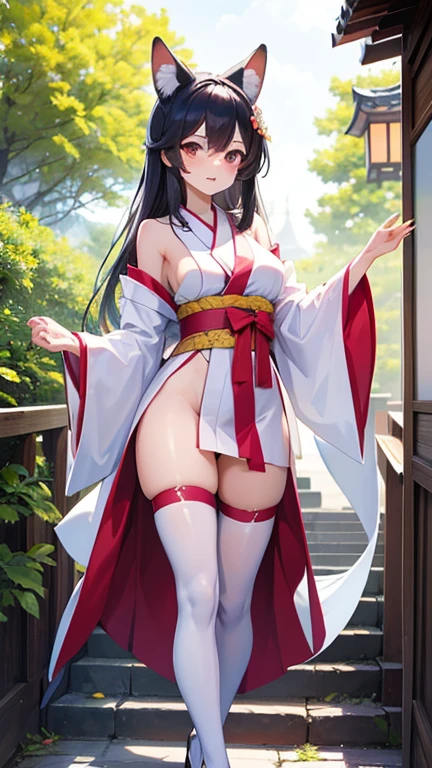 1girl, a 17-year-old slim girl with a face of pure joy, stands barefooted and unclothed, except for her Japanese-style kimono that is open to reveal her slimming waist. Sweat drips from her body as she squirts water from a nearby hose, her expression one of playful delight. The scene is captured in hyper-realistic, high resolution 8K, revealing every intricate detail of her  and the delicate facial expressions that play across her features. Her small, pert  glisten in the sunlight, and the emphasis on her female  is subtle yet intentional.

As she stands there, she spreads her