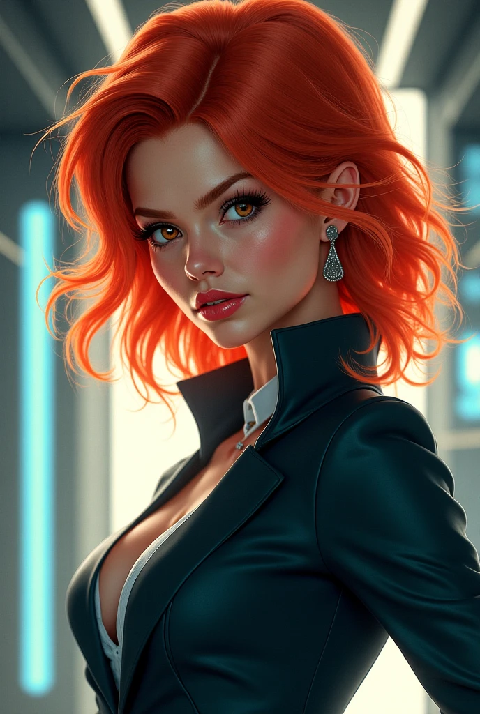 evil Triss Merigold (looking straight at the camera:0.5), close-up, fire in the eyes, round face, (freckles:1.2), long hair, plump lips