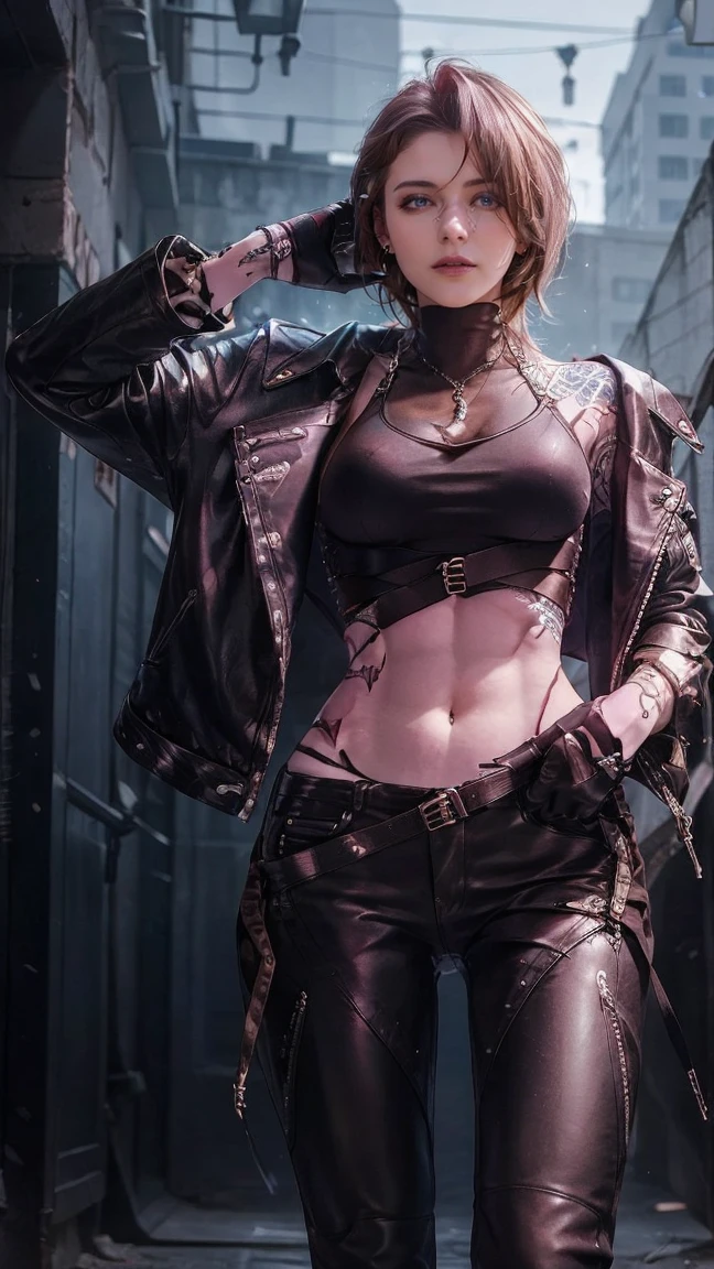 "Steampunk mechanic girl, edgy leather attire, baring midriff, industrial aesthetics, grungy workshop"