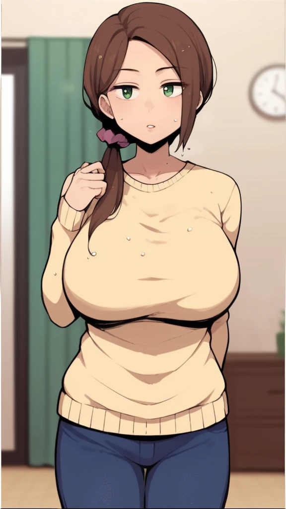 mori_kaede_\(terasu_mc\), brown hair, green eyes, side front ponytail, large breasts, lips, crotch, thighs, yellow sweater, blue jeans, smiling, pov, living room background
