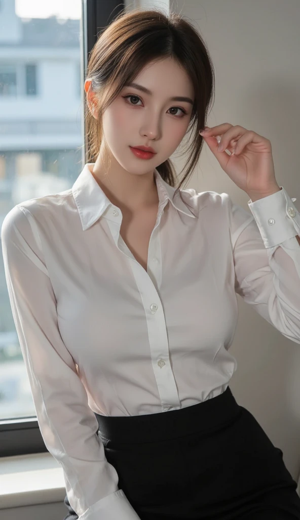 (masterpiece,High quality:1.3), (depth of fields:1.3) (cinematic), (hyper-realistic), (sharp), (detail) , ((front body:1.35)), Caucasian, woman, Alexandra Daddario, using smartphone, 1 girl (Women's business black suits, black midi skirt, White transparent collared shirt:1.2), Huge Lage breasts, Huge Large Round Ass , Huge Large Bubble Butt, (Looking at Viewer:1.3), (full body:1.2), Inside the office table by the window in the building