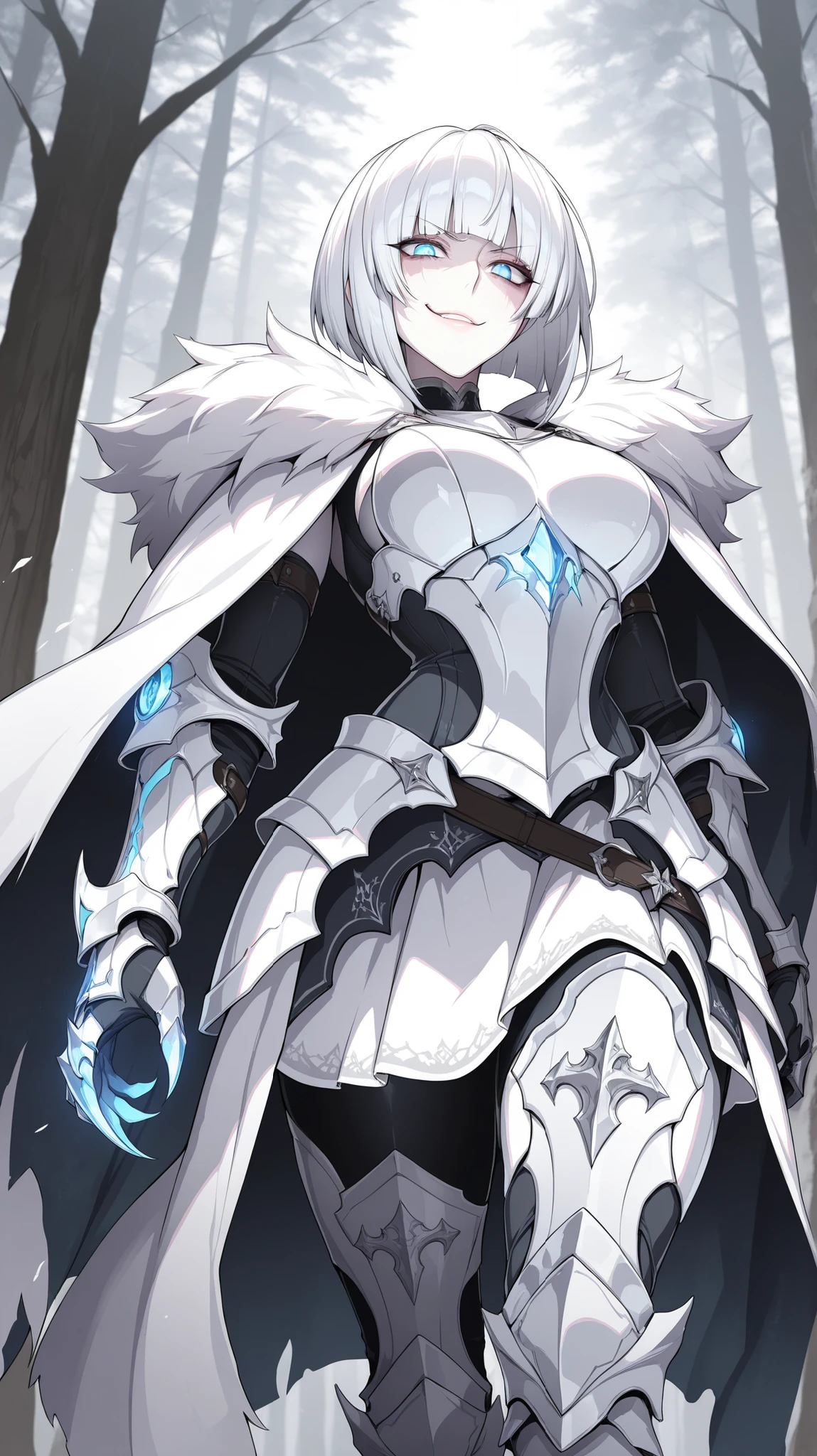 absurdres, (((Ultra HD))), (((Ultra High Quality))), ((hyper detailed)), ((Ultra High Resolution)), (Highly rendered), ((detailed eyes)), (((8K))), ((perfect face)), ((masterpiece)), cinematic, solo, 1girl, tall, smirk, thin, white hair, blue eyes, blunt bangs, bob cut, medium breasts, small fur cloak, armored dress, clawed gauntlets, small armored skirt, armored leggings, forest background