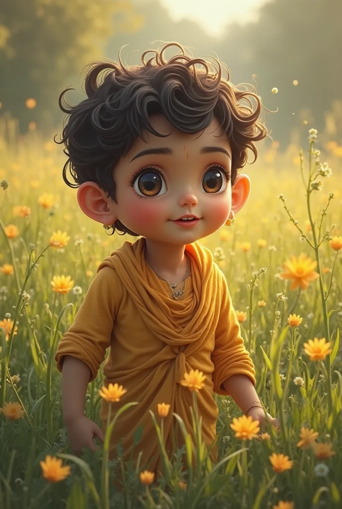 A boy with yellow dress and site on table green background 
