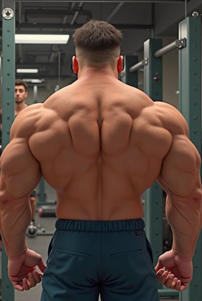 (one or two bodybuilders:1.4), (back view:1.4), (tank top:1.4), (at gym:1.4), 40's, Japanese man, manly face, fat face, (round face:1.4), (monolid eyes:1.2), (buzz cut:1.4), very large and strong body, bulky body, beefy muscles, (bulging muscles:1.4), (very large pectoral muscles:1.4), (muscular arms:1.4), muscular abs, muscular legs, muscular back, bright oily skin, (realistic:1.2), distant view