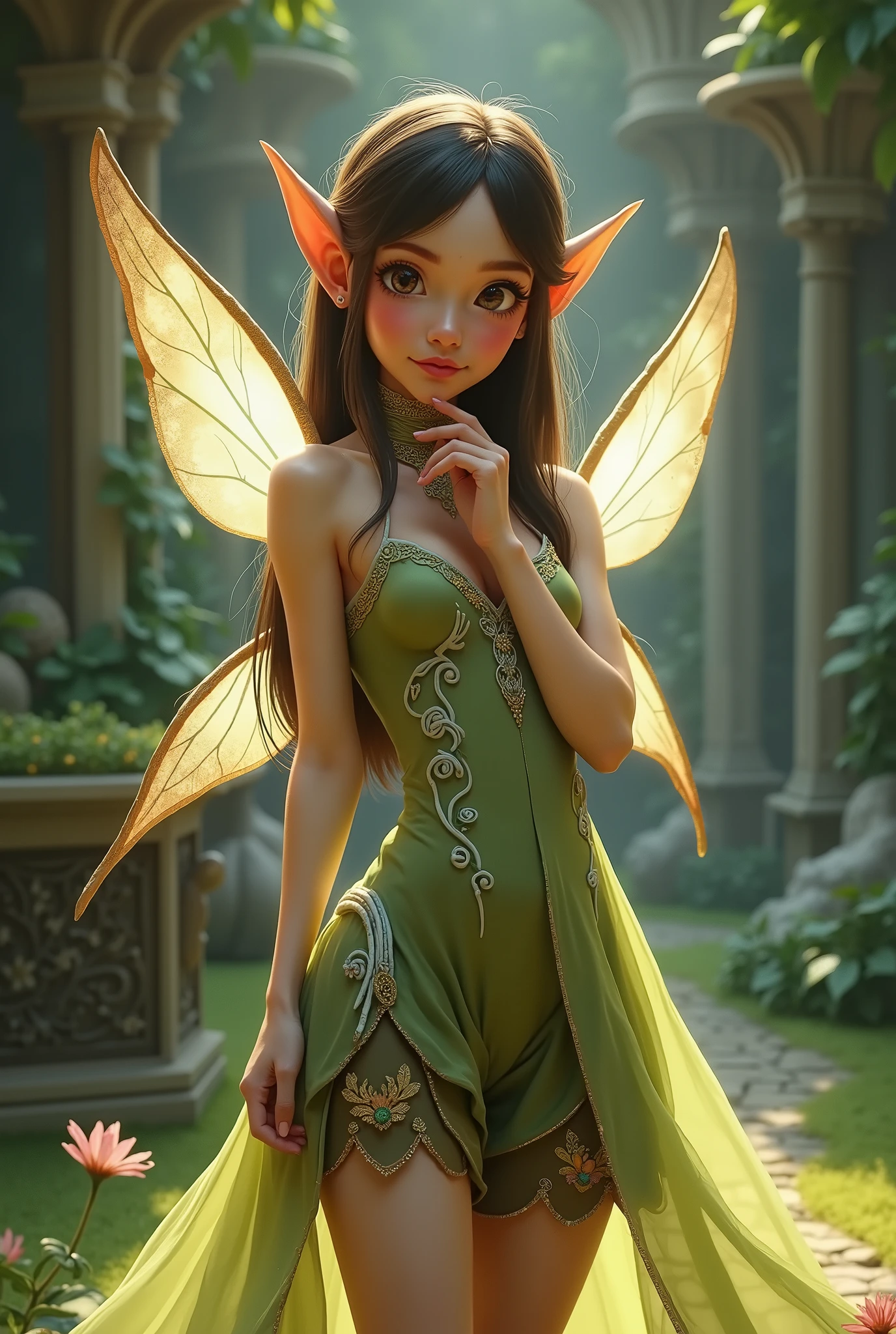 masterpiece, 8k, perfect ligthing, , adult, female, looking at viewer, cinematic lighting, Fawn, (FawnWaifu:1.1), single ponytail, extra long ponytail, dress, (extra long white fairy wings), long wings, brown clothes, clothes made from leaves, brown hair, pointy ears, (detailled eyes), shrunken, lying on side, lying on ground, legs in the air, trapped, blush, pixiedust, jungle, treehouse, <lora:FawnTinkerbellDisney-08:0.6> <lora:realisticGlossyFaceSkin_rseromanticRsesofiko:0.3><hypernet:empty:0.5>