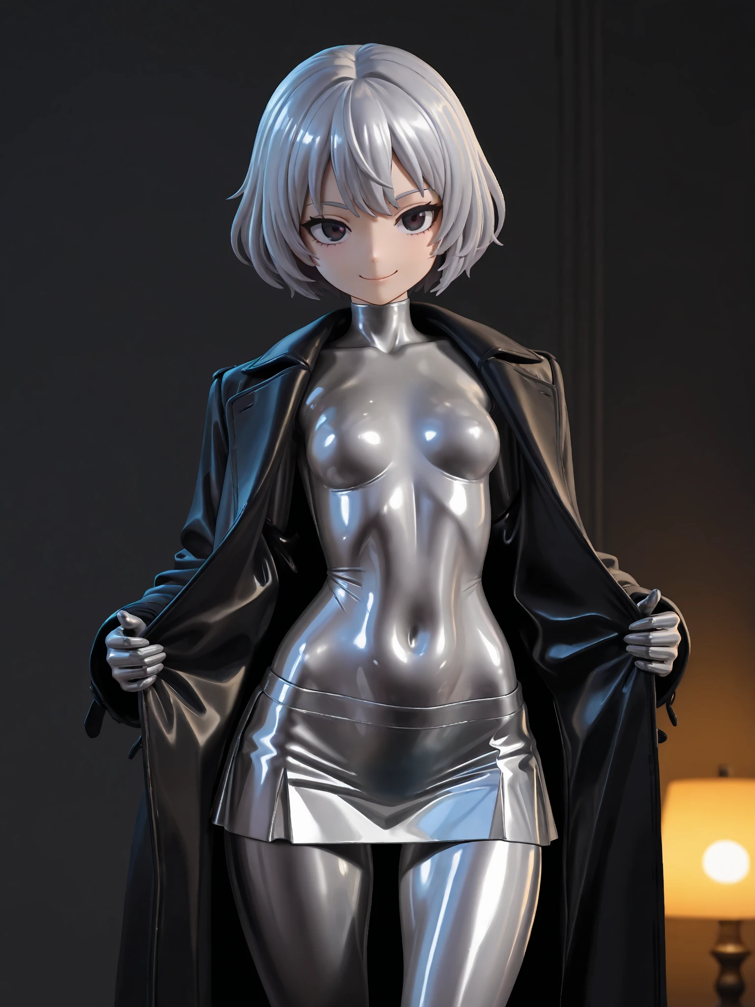 white hair, short cut,1girl,short pants, sneakers, beautiful eye, full body, dancing, looking away, black suit,[realistic], [3d], smile, closed mouth,(8k, RAW photo, best quality, masterpiece:1.2), ultra high res, photo realistic, professional lighting, detailed lighting, professional photography, high quality, high res, extremely detailed, bloom, depth of field, sketch, sharp focus, soft lighting, detailed, detailed skin, to8contrast style