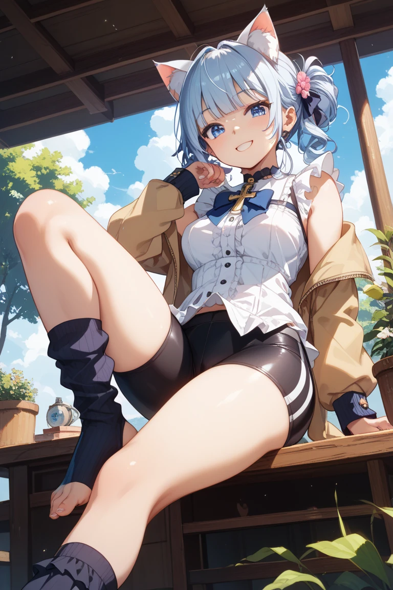 1 girl、((NSFW)),(Dark  skin:1.7),exteriors、шедевр、beautiful  lighting、Detailed beautiful face、Detailed beautiful eyes、A high resolution、Ultra-fine illustration、extremely delicate and beautiful、beste-Qualit、The whole body is shown, 独奏, (A MILF:1.5),30s、(has silver hair,short-cut、Blue eyes),Curvaceous, (shinny hair, Glossy eyes, shinny skin), Laugh, A smile, (shining skin) ,(White sailor suit)、squatting down、open one's legs、armpit、Arm up、hands behind head、thighs thighs thighs thighs、Short hem、sleeve less 、(a short skirt)、pelvis curtain、Armpits、A smile、black thighhighs、Watch your audience、under the tits、blushed、perspiring、Jeweled、thick-thighs、Parting lips、pantyhose、Blushing cheeks