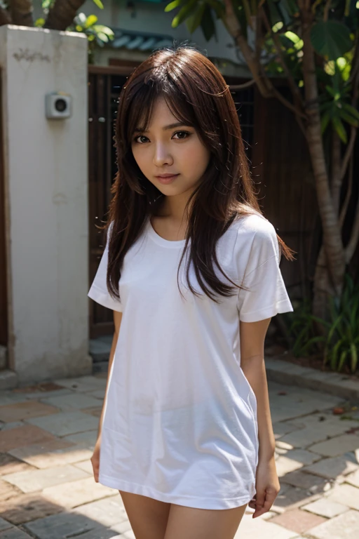 Portrait of a young girl, photorealism, light brown, freckles, v-neck white shirt, visible nipples, wet shirt, sitting on the porch, medium shot, DSLR, RAW photo, 35mm, f/5.6, high quality, photorealism, natural lighting, wet effect, detailed eyes, realistic skin texture, outdoor setting