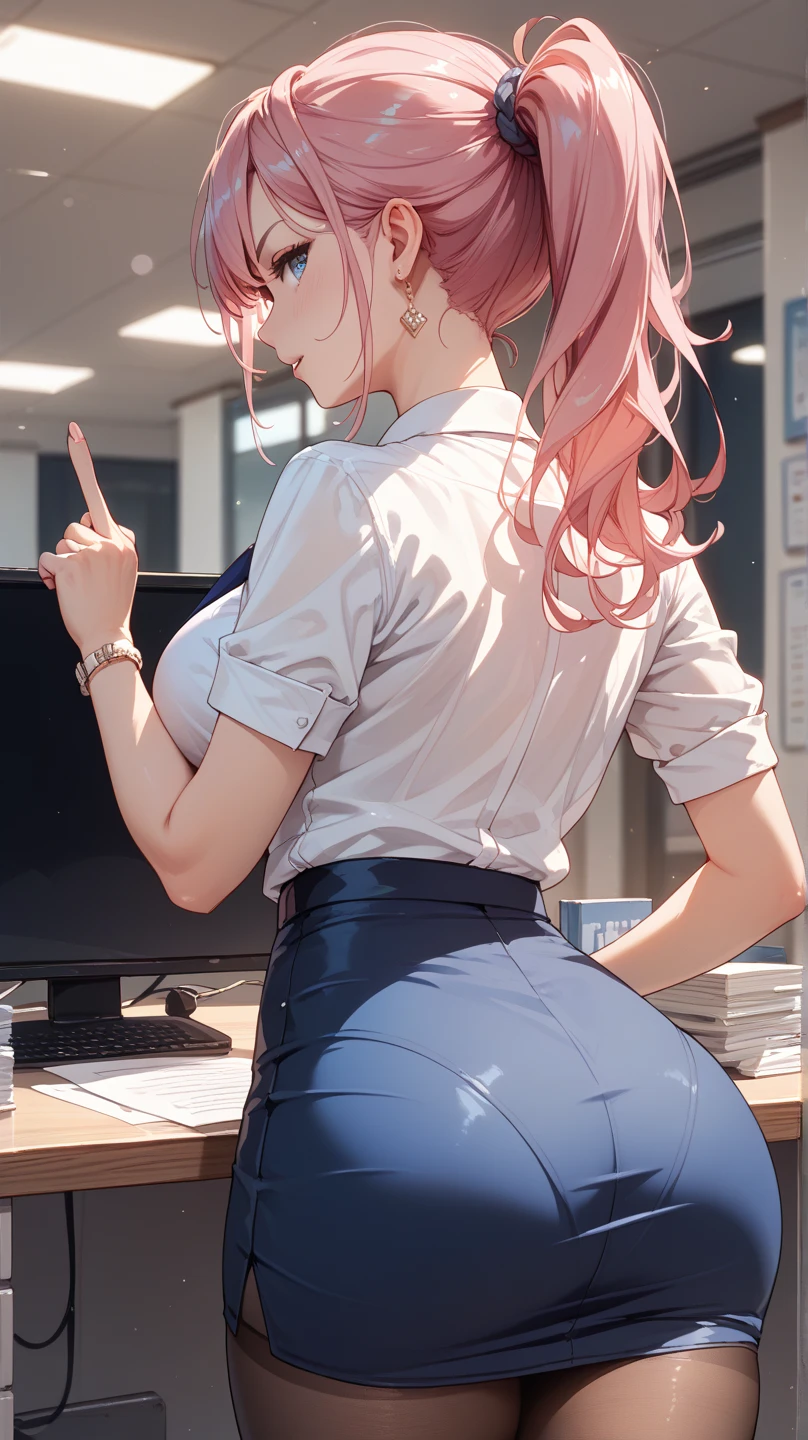 masterpiece, High resolution, perfect face, beauty of japan, 30 years old, beautiful face, office, sleeveless sweater, mini pencil skirt, tights, embarrassed look, look at the camera, top quality eyes, detailed texture, look at the camera, medium tits, Married woman, cool women, high resolution eyes, back, ass, panchira