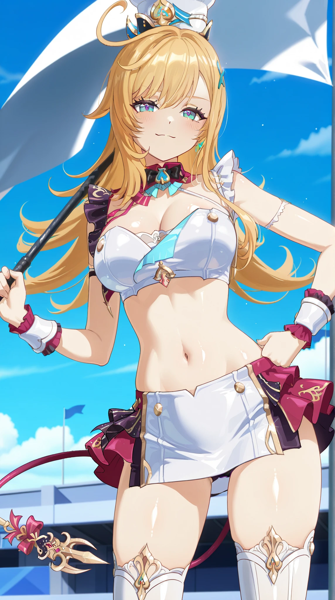 an album picture of a singer girl with half blue, blonde, wavy hair, green eyes, freckles, colorful splash background, tattoo on her shoulder, oversized clothes.