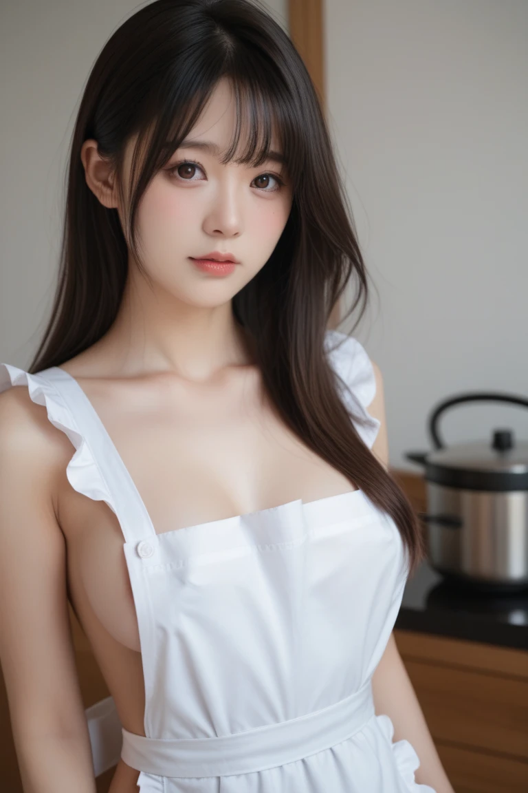 Masterpiece, a beautiful woman, 1girl, solo, 30 years old, (((extra large tank top, baggy tank top, white tank top, Photographed from a side angle, My chest is visible through the gap in the armpit.))), looking at viewer, big and full breasts, (big breasts:1.2), no_bra, covered_nipples, exposed cleavage, (perfect body), (long black hair), (long hairstyle), ((seductive pose, Realistic proportions, Good anatomy.)), (best detailed skins, skin texture:1.1), (background at the kitchen), super detailed, best quality, ultra high res, Raw photo, Nikon D850, backlight, rim light, film grain:1.2, (warm hue, warm tone:1.2), (color photo), (realistic,Hyper-realistic:1.37), 16K HD, INFO, ((cowboy shot)).