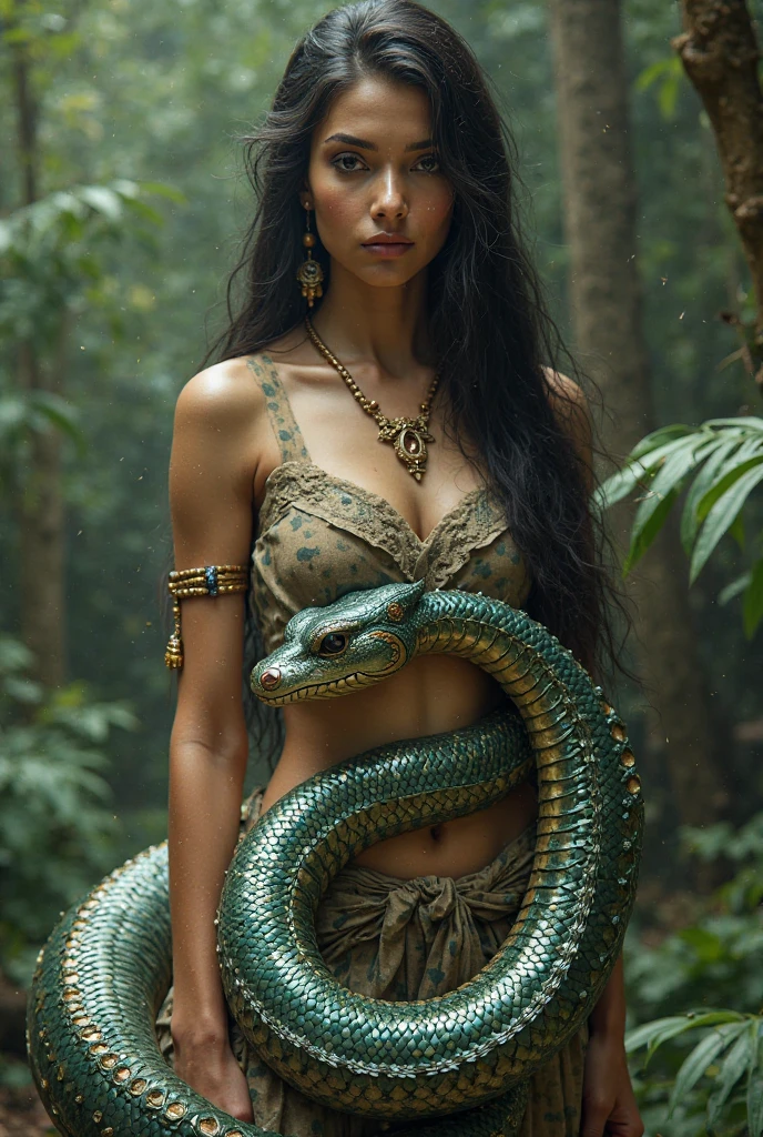 Magnificent detail, 8K Photos, hyper- realism, realistic background, visual depth, wide angle lens, all-body, 1 beautiful woman indigenous tupi guarani naked, covering the private parts with a snake. standing. barebody. Facial expression seduction, seducing smile. captivating stare. Indigenous facial painting. plume on head. Amazonian Brazil setting. brazilian forest. Spectacular beauty. Snake 4 meters. Woman holding the snake's head with her hand near her face. Woman looking at the snake's eye. Woman facing forward, looking at the photo. Snake coiled around the woman's body. Woman with a thin waist and a big butt. She is at the center of a circle formed by Indian men, performing a ritual.