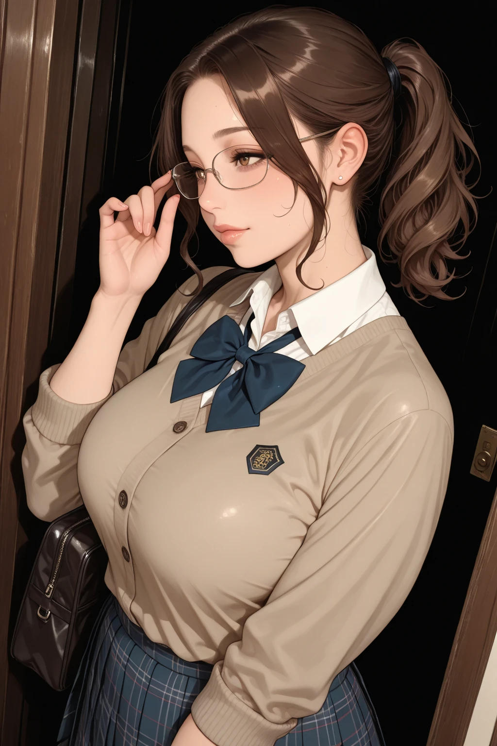 Masterpiece, 最high quality, high quality, High resolution, high quality texture, high quality shadows, High resolution, Beautiful details, Detailed CG, Detailed Texture, Realistic representation of face, Realistic, colorful, delicate, Cinematic Light, Side light, Lens flare, Ray Tracing, sharp concentrated, (1 Girl,concentrated:1.3), ( Intricate details, compensate, PureErosFaceV1:0.5), (細部まで美しいdelicateな顔, 緻密で美しいdelicateな瞳, Perfect Facial Proportions, Dense skin, Optimal ratio of four fingers to one thumb,Unified 8k wallpaper, Arms under chest, Modest chest, Wide Hips, Smooth upper abdomen, 35 years old, blue eyes, glasses, air fortress hair, blonde hair, house wife, the gaze of true love, lips of temptation, A look full of compassion ,a smile full of love, i love you, Acting lovey-dovey, I love you so much I'm crazy,
cabin attendant uniform,white blouse with open neck ,tight fitting black skirt,black stockings, excellent secretary ,working as a secretary, wooden desk, wooden chair,