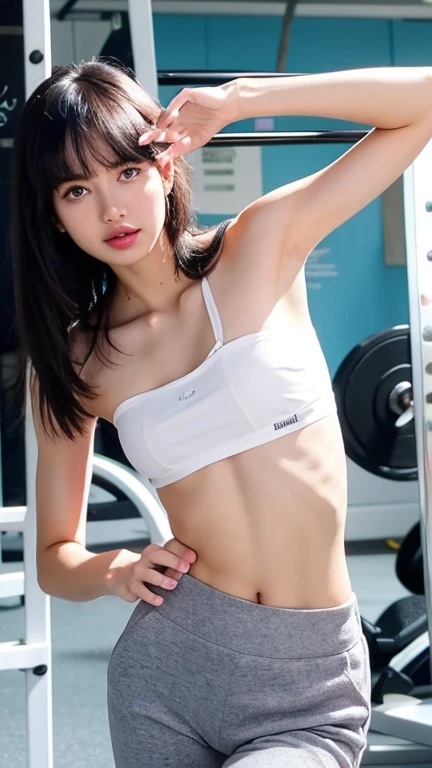 a girl sitting on gym cycle saddle cushion, tennis-wear, skirt, white panties,