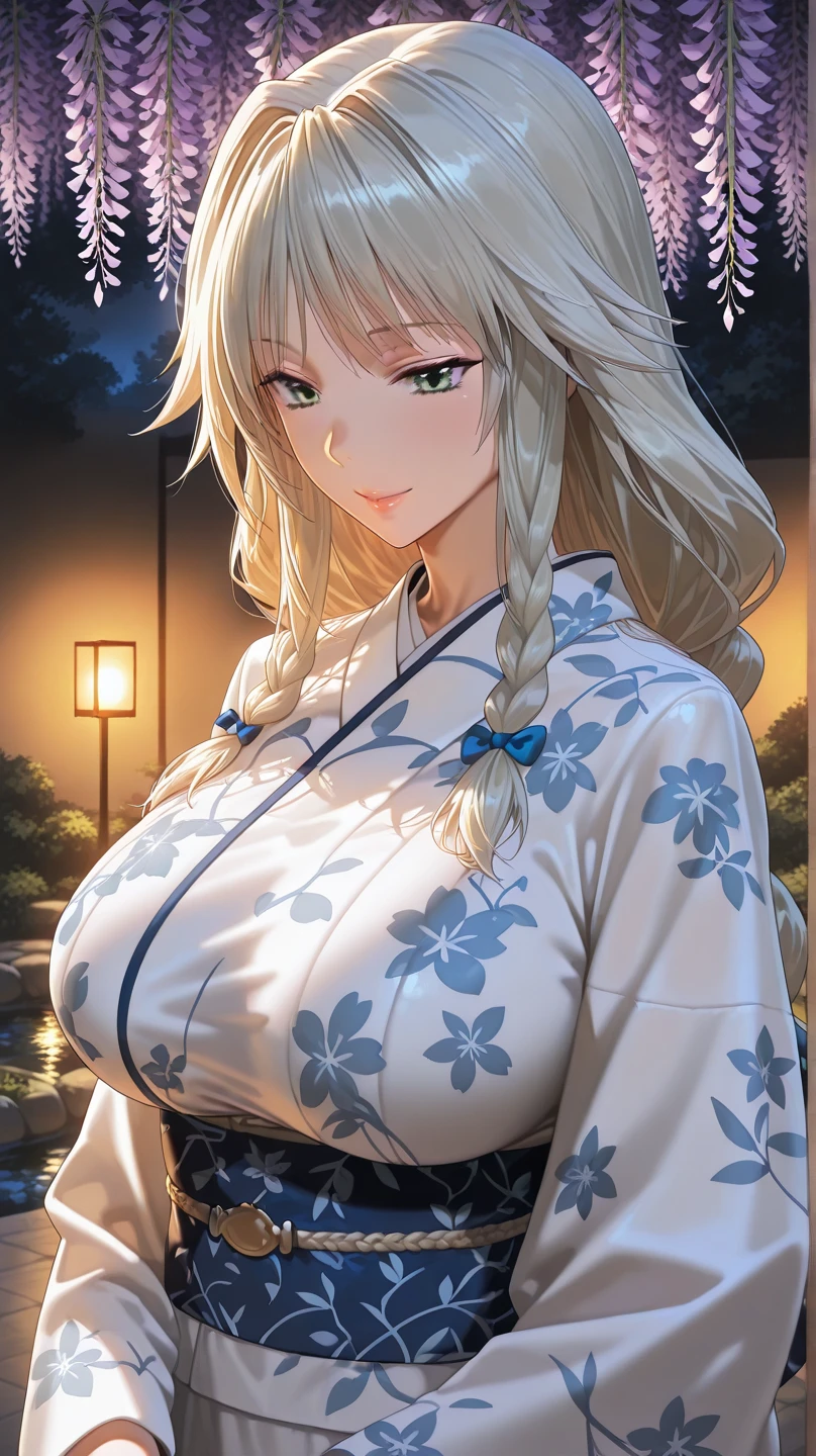((Elegant dressing)),masterpiece, best quality, 1girl, ((((ultra maximum large huge yukata, breasts clothes, Wear yukata that larger and roomier than body, tighten front tightly)))), light brown hair,((long ponytail hair)),hair air intake, flush and smile,ultra big large huge breasts,