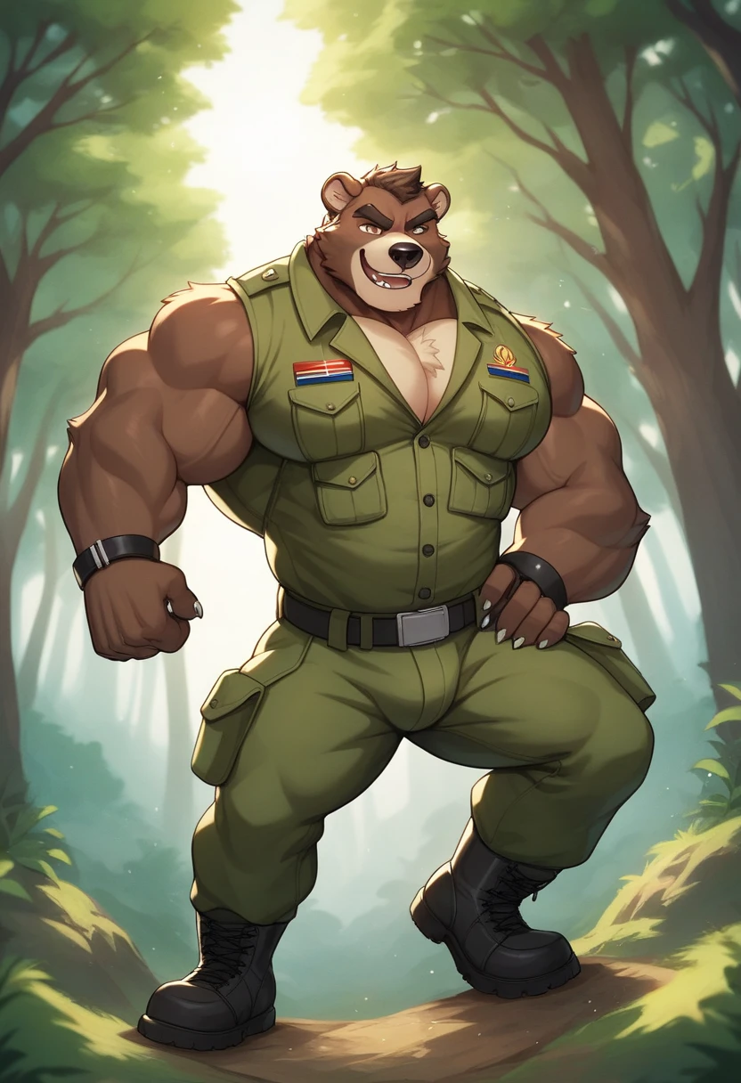 Grizzly Bear, good looking, male, anthro, ultradetailed, muscular, solo, bareness, rippling muscles, muscles, military camp background, tail, serious, big pecs, looking at viewer, military tank top, doggy tag, bara, big muscles, tug-a-war, rope