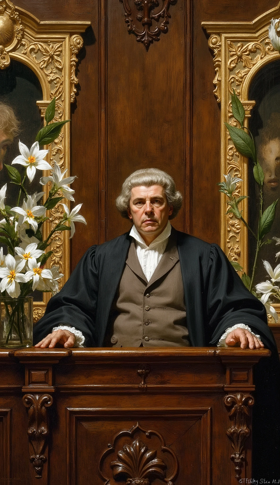Pre Raphaelite European art style, lily flowers art nouveau frame.
a supreme judge in the tall court room. He sit on high table with the law book and wooden hammer. He giving verdict.