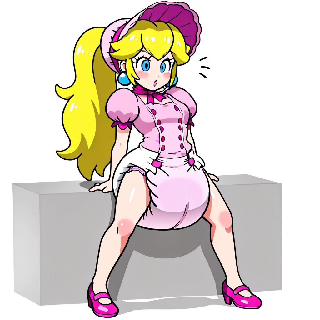 score_9, score_8_up, score_7_up, score_6_up, score_5_up, score_4_up, 1girl, princess peach cosplay, seductive, sensual, looking over shoulder at viewer, bent over, ass, blue butt plug, pink skirt, white socks, panties to the side, reveling ass