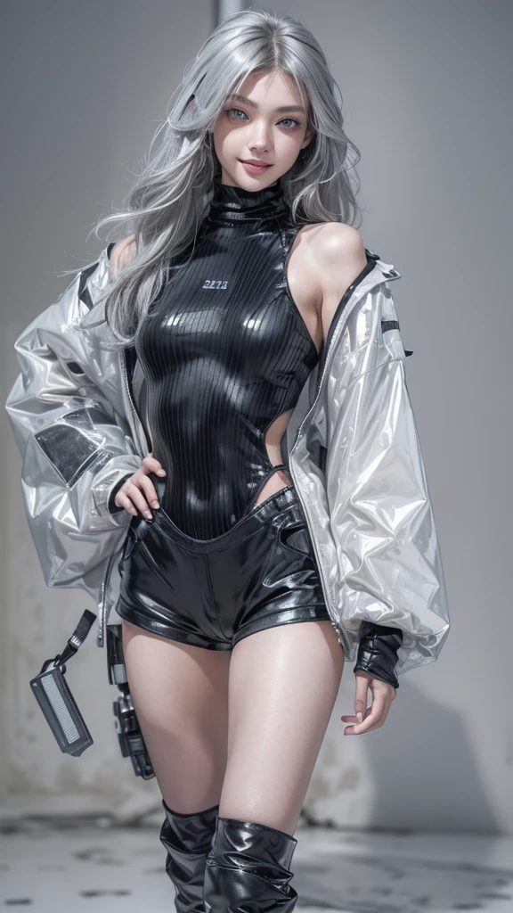 (Realistic:1.2), (fashion portrait:1.6), (brand collection, fashion brand theme:1.6), (detailed, beautiful, masterpiece, best quality:1.2), _ BREAK (1girl:1.2), 22 years old, 160 cm, Japanese cute model, Tightened all body, medium Breasts, small head, small face, diamond Face, small nose, Sharp Faceline, Detailed face, Detailed eyes, young hands and fingers, beautiful hands and fingers, five fingers, _ BREAK (happy, smile, Glossy Lips:1.3), (Light color lips, Half open mouth, beautiful Teeth:1.2), (dropy eyes, Double eyelid, light color eyes, Shiny eyes:1.5), Shiny skin, _ BREAK (arranged hairstyle:1.4), (gray hair, shiny hair, _ BREAK (gray background:1.4), mist, fog , Natural white lightning, _ BREAK (wide angle:1.4), (standing, fashion model pose:1.4), focus face, from below, BREAK (Cyberpunk and wool fusion:1.3), ((wear an oversized black wool turtleneck with rubberized surface) for a luxurious, futuristic, bodysuit, High legs, nylon, and Breaker feel:1.2), (Wear an oversized nylon black outerwear over a bodysuit:1.2), (wide sleeves:1.2), (3/4 length:1.2), (simple yet cyberpunk-themed design:1.3), BREAK (black and White theme:1.3), (Low rise short pants with a black subtle reflective pattern:1.2), BREAK (White and black horizontal stripes SOCKS:1.2), (Zettai Ryouiki:1.2),(super Thick sole technical High Sneaker with sleek metal details:1.3), (edgy and versatile:1.2),(Long drooping silver pierce:1.2),