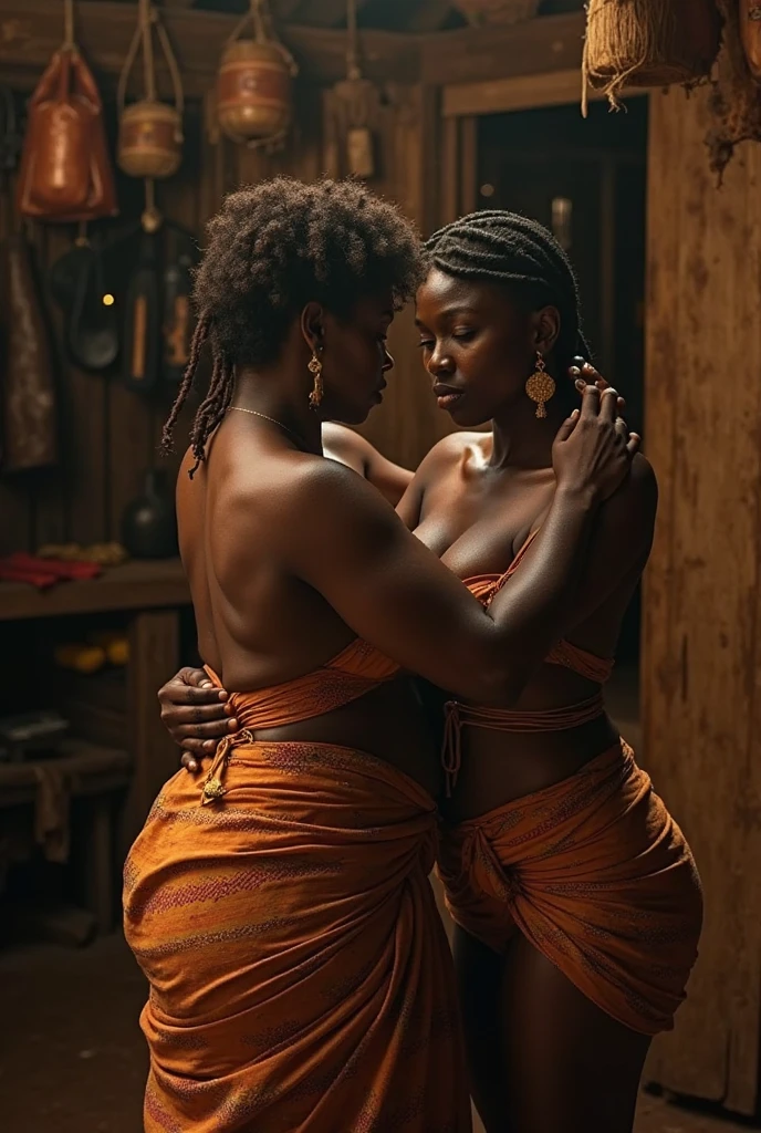 In a beautiful bright African village, under the moonlit night sky, a beautiful busty curvy Igbo girl dressed in native short Ankara skirt, and bra, kissing a fit sexy shirtless igbo man with Ankara shorts while he put his hand inside her skirt. Make it photoreal and 3D rendered.