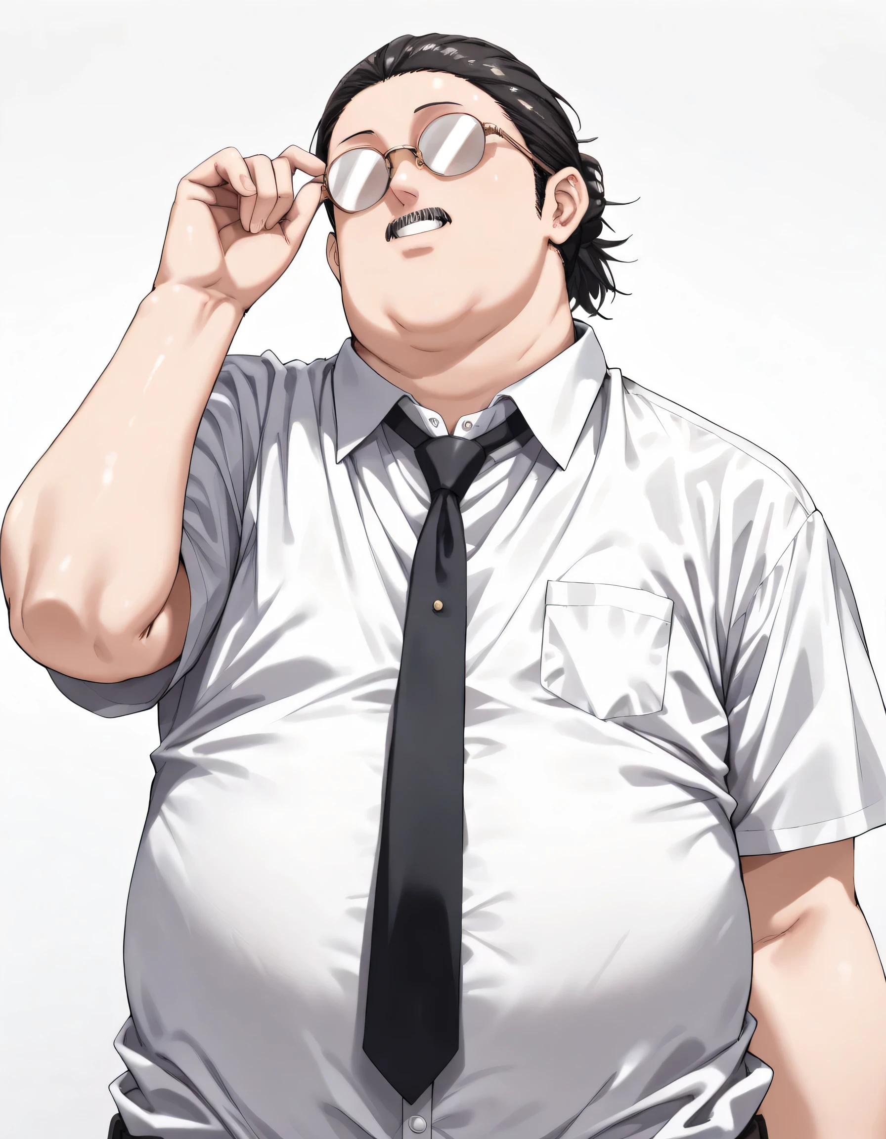 profile,solo,man,sakamoto, sakamoto (sakamoto days), obese, black hair, short hair, glasses,adjusting eyewear, hidden eyes, no mouth, black mustache,tie,bussiness shirts,natural cosmetic,adult cute face,full lips,(lineart),sketch,slamdunk style,mono,(looking at viewer:1.3),white background,manga style,grin