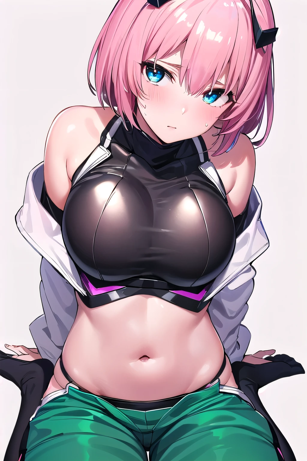 masterpiece, Hi-Res, hiquality, Detail Face, Detail Body Rendering, 1girll, 独奏, Hinata sleeveless costume,,, sleeveless shirts, fishnet tights, Dark lips, unzipped jacket, no-bra, Chest Out, teats, is standing, red blush, (bedroom),Sakura Haruno,A pink-haired,shorth hair,Red headband,Green eyes