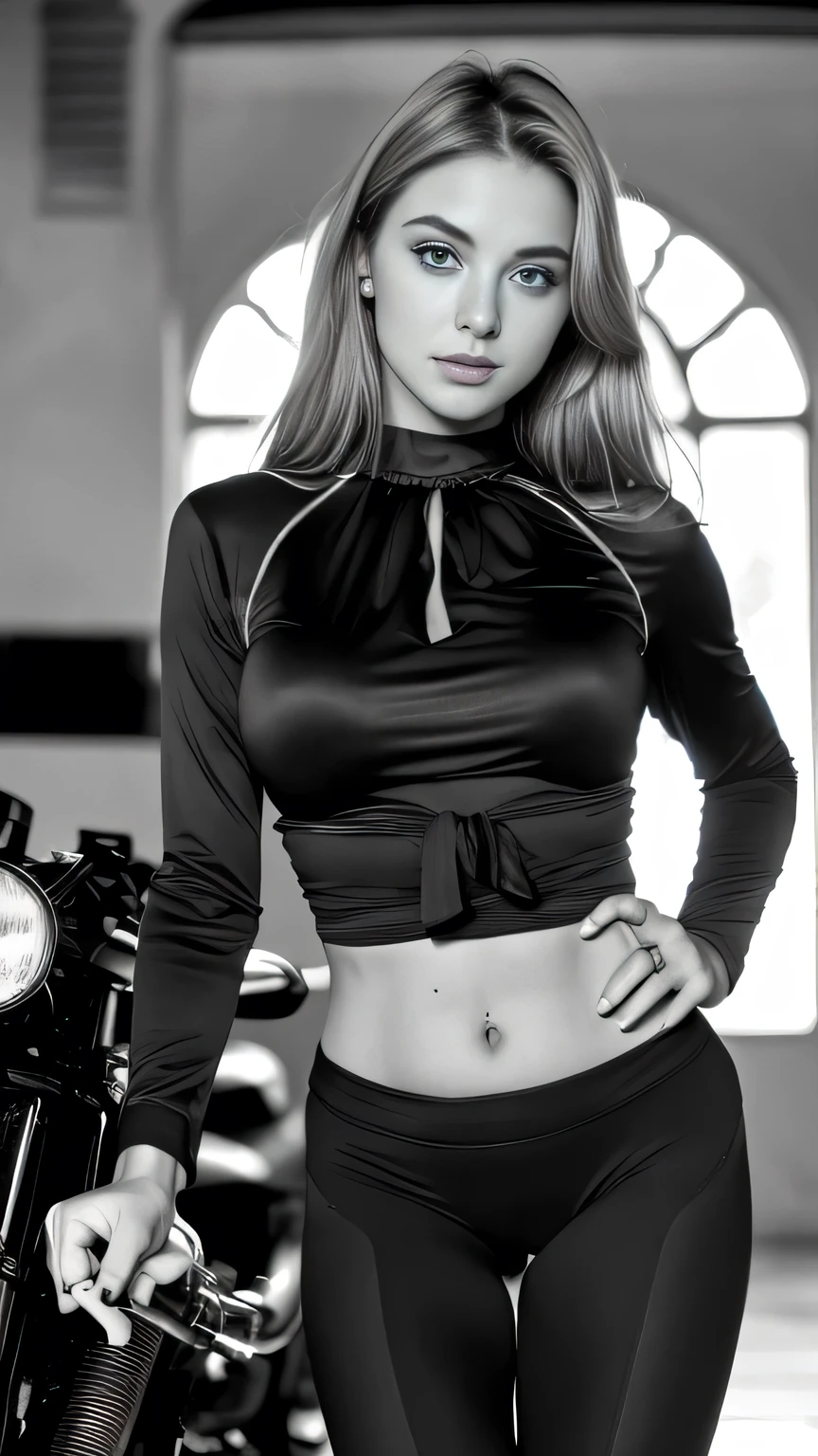 (blue-eyed, blonde) Aluring girl with (long, straight) hair, dressed in (black) clothing including a (dress) or (crop sweater), stands beside a motorcycle. She confidently places her hand on a karambit. The scene is of (high detailing, photo-realistic, 8k) quality, with (vivid colors) and (sharp focus).