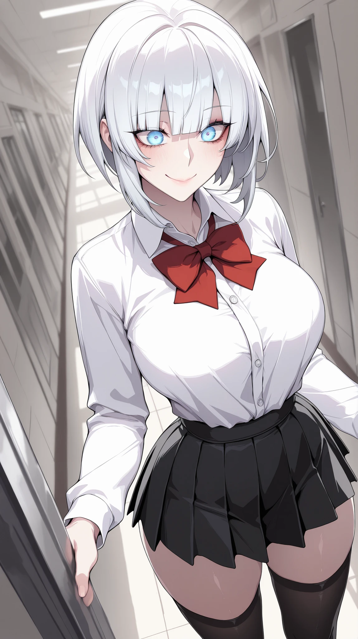 absurdres, (((Ultra HD))), (((Ultra High Quality))), ((hyper detailed)), ((Ultra High Resolution)), (Highly rendered), ((detailed eyes)), (((8K))), ((perfect face)), ((masterpiece)), cinematic, solo, 1girl, tall, smile, thin, white hair, blue eyes, blunt bangs, bob cut, medium breasts, white button up shirt, red bow tie, long sleeves, black skirt, pleated skirt, black thigh highs, hallway background