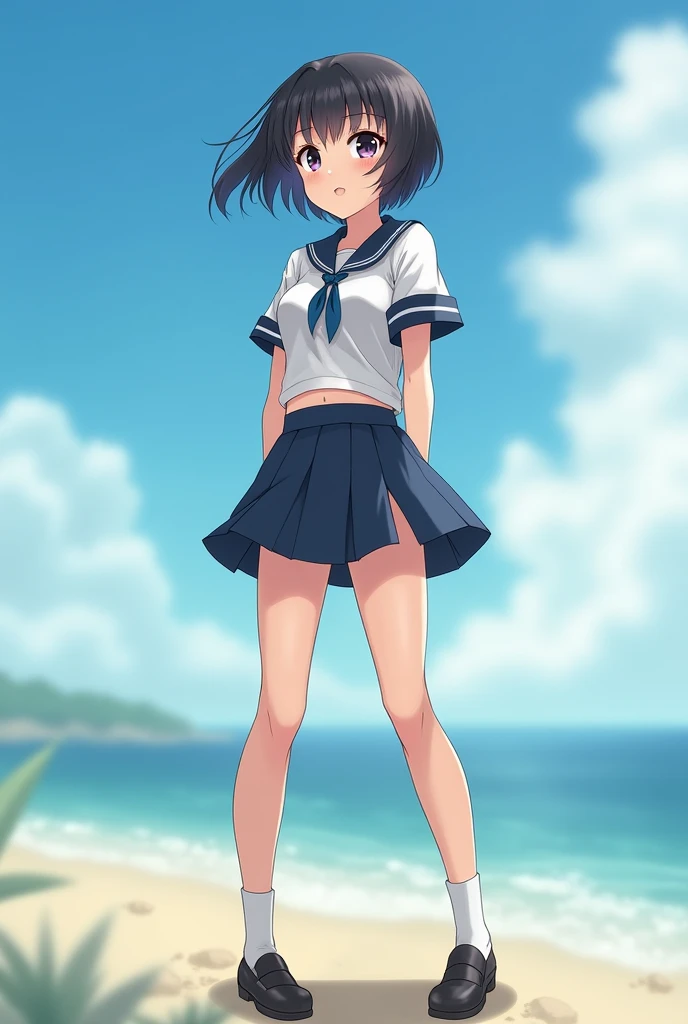 8k,best quality, masterpiece, ultra highres, ultra-detailed:1.2,(girl lifts her skirt to show her panties),She takes great pleasure in showing her panties to the viewers,(16yo,beautiful detailed face,(navy hair-color,wavy-short hair),parallel eyebrows,navy eyes with large irises,blunt bangs,small nose, fresh lips,small breasts),smile,BREAK,white school blouse,Dark blue pleated skirt,red panties,in school,