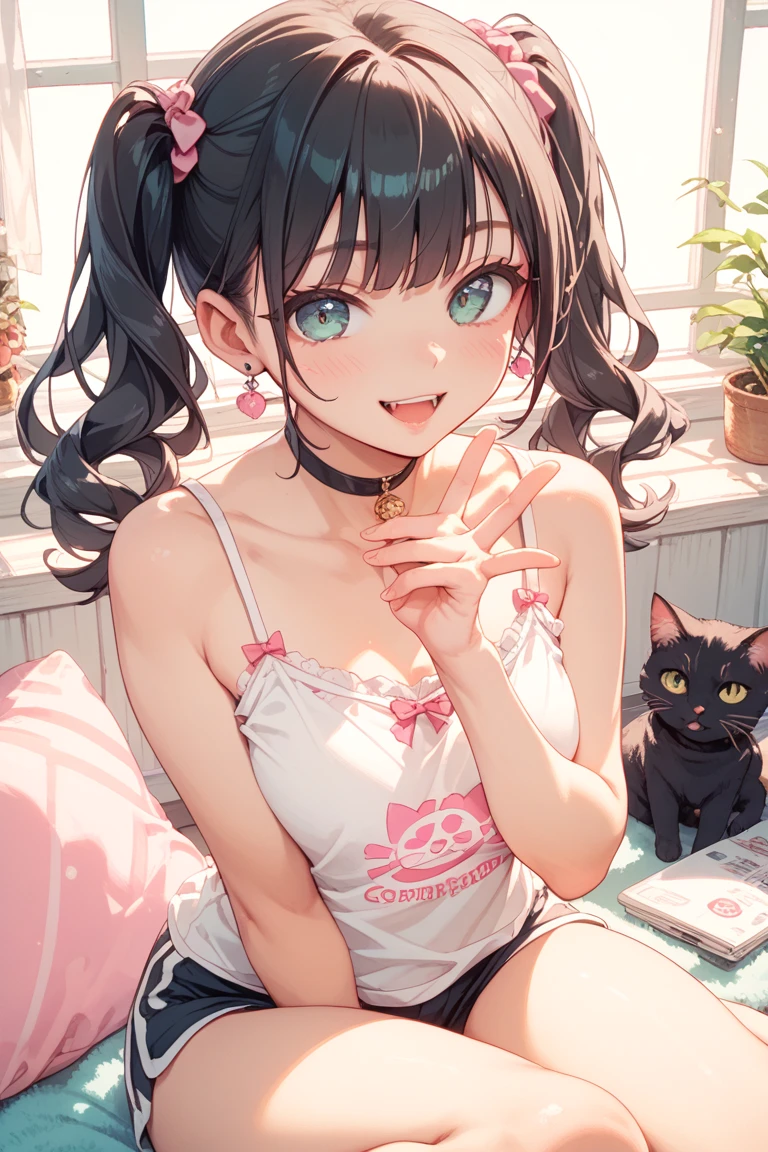 (Ultra-high resolution of the highest quality, masutepiece, Best Quality, 8K, Super Detail, Best Quality:1.3), (Anatomically correct:1.2), (1 girl:1.2), (junior high school student:1.6), (middle breasts:1.2), (drooping eyes:1.3), (blush cheek, blush body:1.3), (wavy hair, braid hair:1.2), (long hair:1.2), (black hair:1.2), (cat ear band:1.4), (glasses:1.3), (collar:1.3), (printed t-shirt, skirt:1.6), (girl's own room:1.4), front view, Extremely cute, (extremely detailed beautiful face), Authentic skin texture, beautiful hair, beautiful face, beautiful eyes, beautiful body, beautiful hands, (sexual aroused, naughty face, seductive smile, trance, orgasm:1.8), (steam:1.4), (sweat:1.6), (hair over eyes:1.3), (looking up:1.3), (open mouth:1.4), (face focus:1.6), cleavage breasts focus, (from above:1.4), (all fours:1.6)