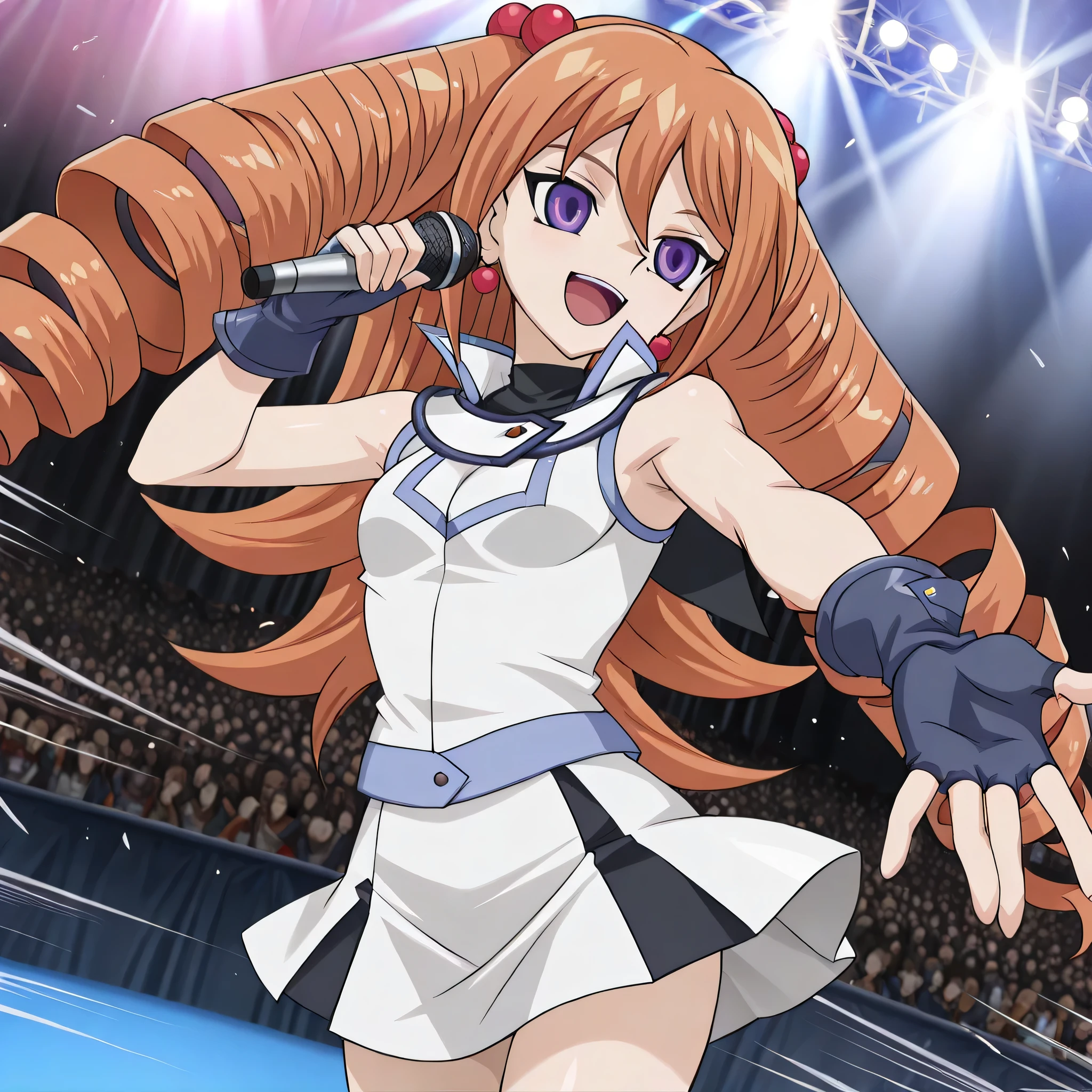 (((Masterpiece))), (((Best Quality))), ((Super Detail)), ultra-High resolution, score_9,score_8_up,score_7_up,score_6_up,score_5_up,score_4_up, BREAK, source_anime, anime screencap, uncensored, rating_explicit, Masterpiece, (absurdres), (detailed background), (very aesthetic), detailed beautiful eyes, outstanding, an exquisite animation illustration, curvy, highres, dark persona, Society of light, sleeveless, white shirt, white skirt, blue gloves, duel academy uniform (yu-gi-oh! gx), , (((solo, 1girl))), hair ornament, submissive pose,  pose, anime style, anime coloring, animification, megami magazine, small , Rekka Tatsunagi (Cardfight Vanguard), long hair, orange hair, drill hair, twin drills, purple eyes, earrings, jewelry, hair bobbles, (((dancing, speed line, singing, sing a song, outstretched arm, outstretched hand, concert, idol))), standing, smile, happy, dutch angle, dynamic angle,