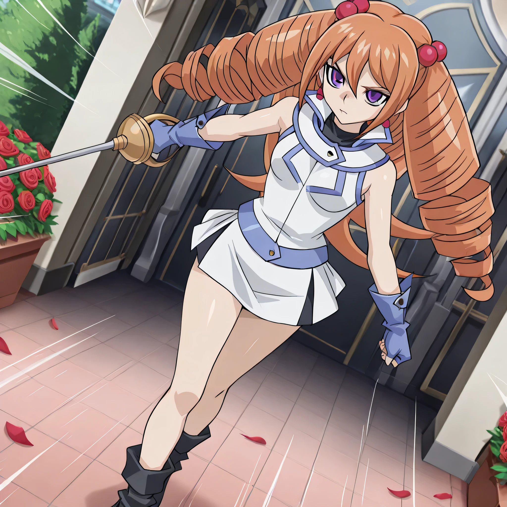 (((Masterpiece))), (((Best Quality))), ((Super Detail)), ultra-High resolution, score_9,score_8_up,score_7_up,score_6_up,score_5_up,score_4_up, BREAK, source_anime, anime screencap, uncensored, rating_explicit, Masterpiece, (absurdres), (detailed background), (very aesthetic), detailed beautiful eyes, outstanding, an exquisite animation illustration, curvy, highres, dark persona, Society of light, sleeveless, white shirt, white skirt, blue gloves, duel academy uniform (yu-gi-oh! gx), , (((solo, 1girl))), hair ornament, submissive pose,  pose, anime style, anime coloring, animification, megami magazine, small , Rekka Tatsunagi (Cardfight Vanguard), long hair, orange hair, drill hair, twin drills, purple eyes, earrings, jewelry, hair bobbles, full body, serious, fighting, fighting stance, holding rapier, rapier, rose, flower, garden, petal, wind, dutch angle, dynamic angle, speed line, standing